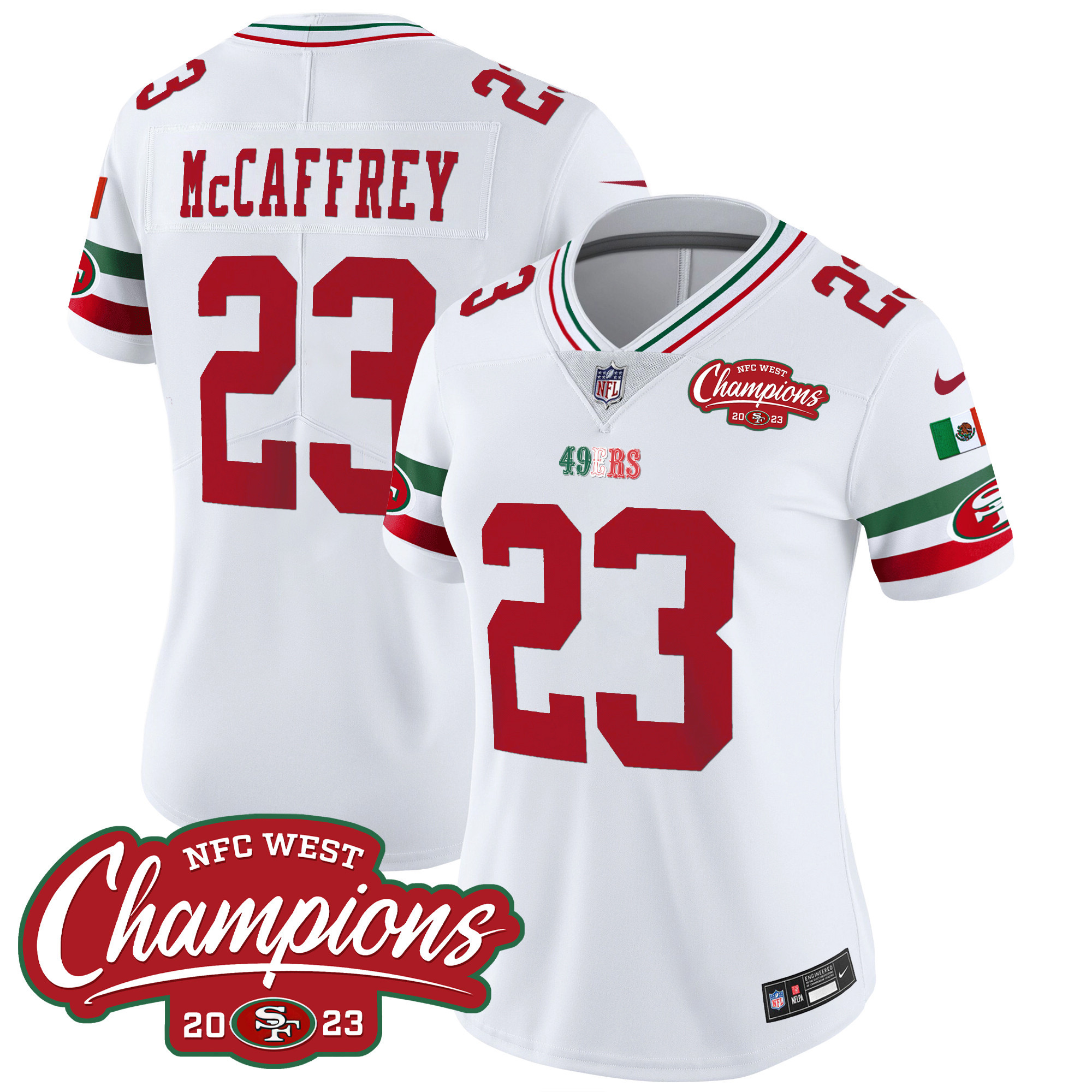 Women's Christian McCaffrey San Francisco 49ers Mexico 2023 NFC West Champions Patch Vapor White Jersey - All Stitched