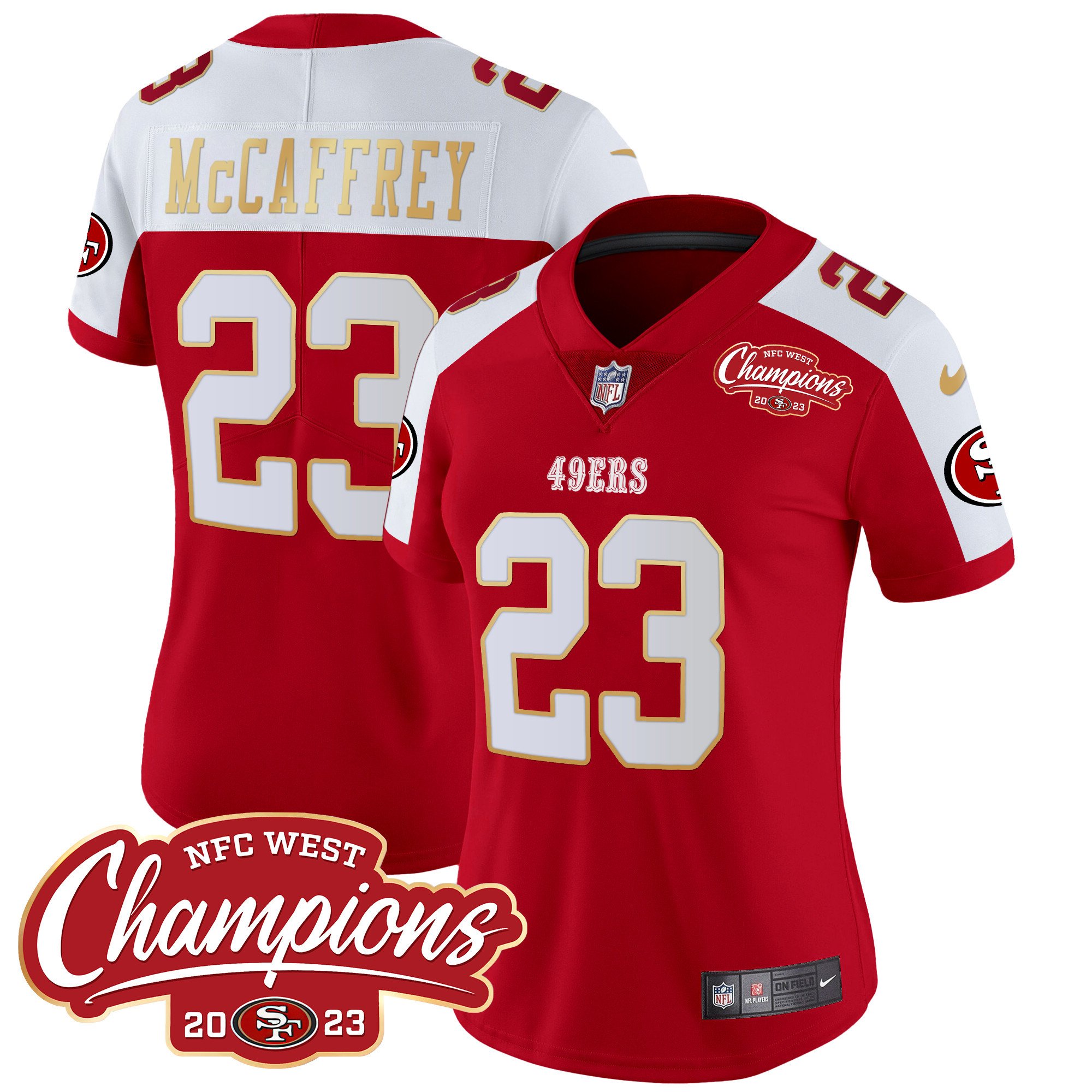 Women's Christian McCaffrey San Francisco 49ers NFC West Champions Gold Trim Vapor Alternate Jersey - All Stitched