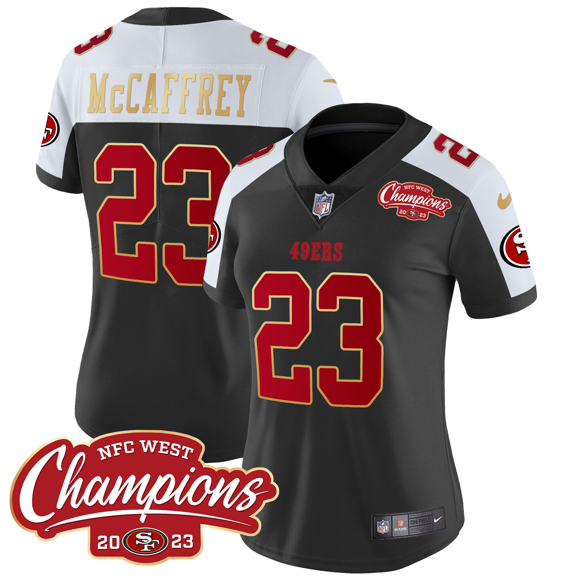 Women's Christian McCaffrey San Francisco 49ers NFC West Champions Gold Trim Vapor Black Alternate Jersey - All Stitched