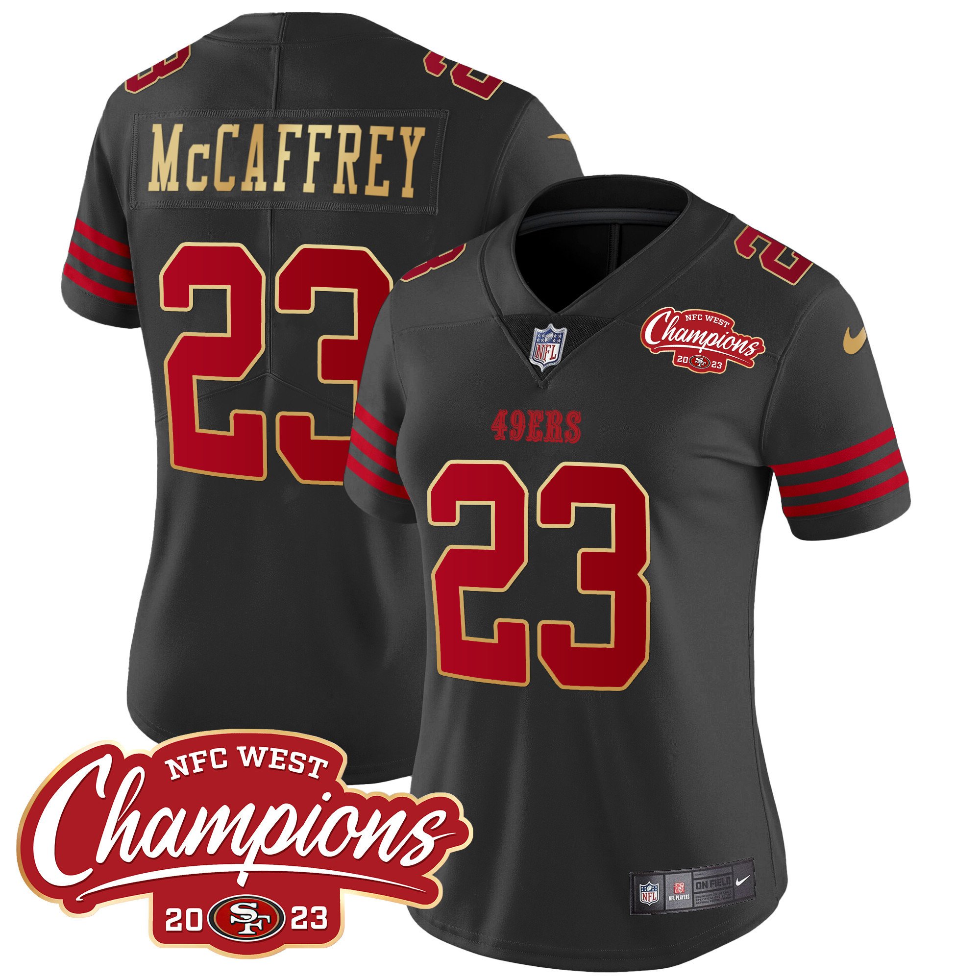 Women's Christian McCaffrey San Francisco 49ers NFC West Champions Gold Trim Vapor Black Jersey - All Stitched