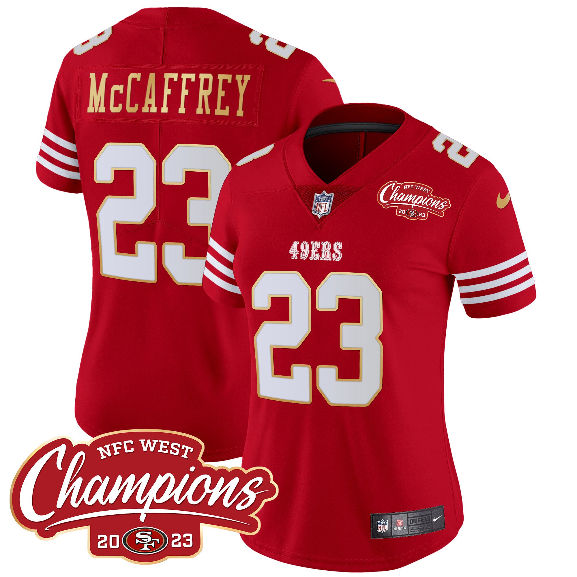 Women's Christian McCaffrey San Francisco 49ers NFC West Champions Gold Trim Vapor Red Jersey - All Stitched