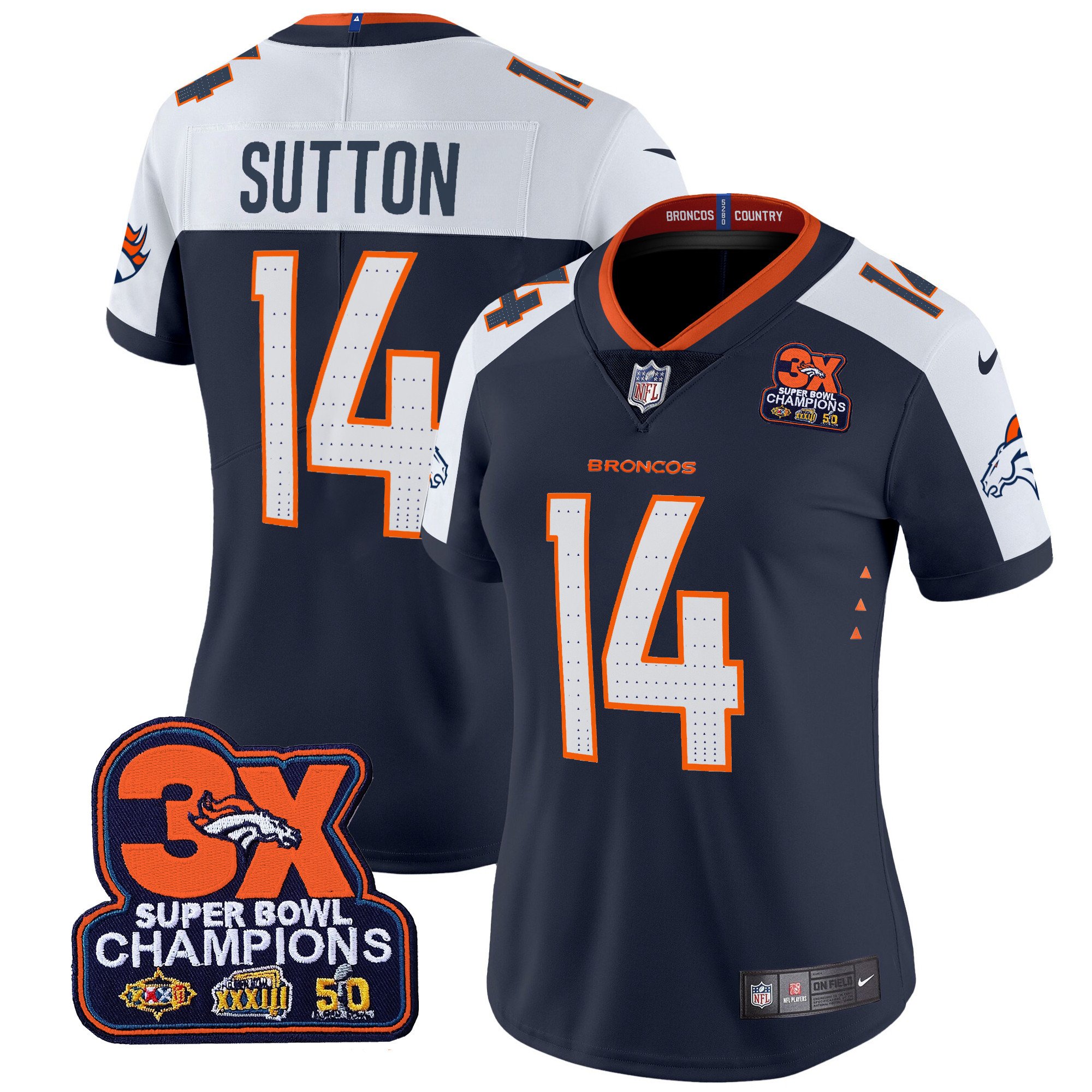 Women's Courtland Sutton Denver Broncos 3-Time Champions Patch Vapor Limited Navy Alternate Jersey - All Stitched
