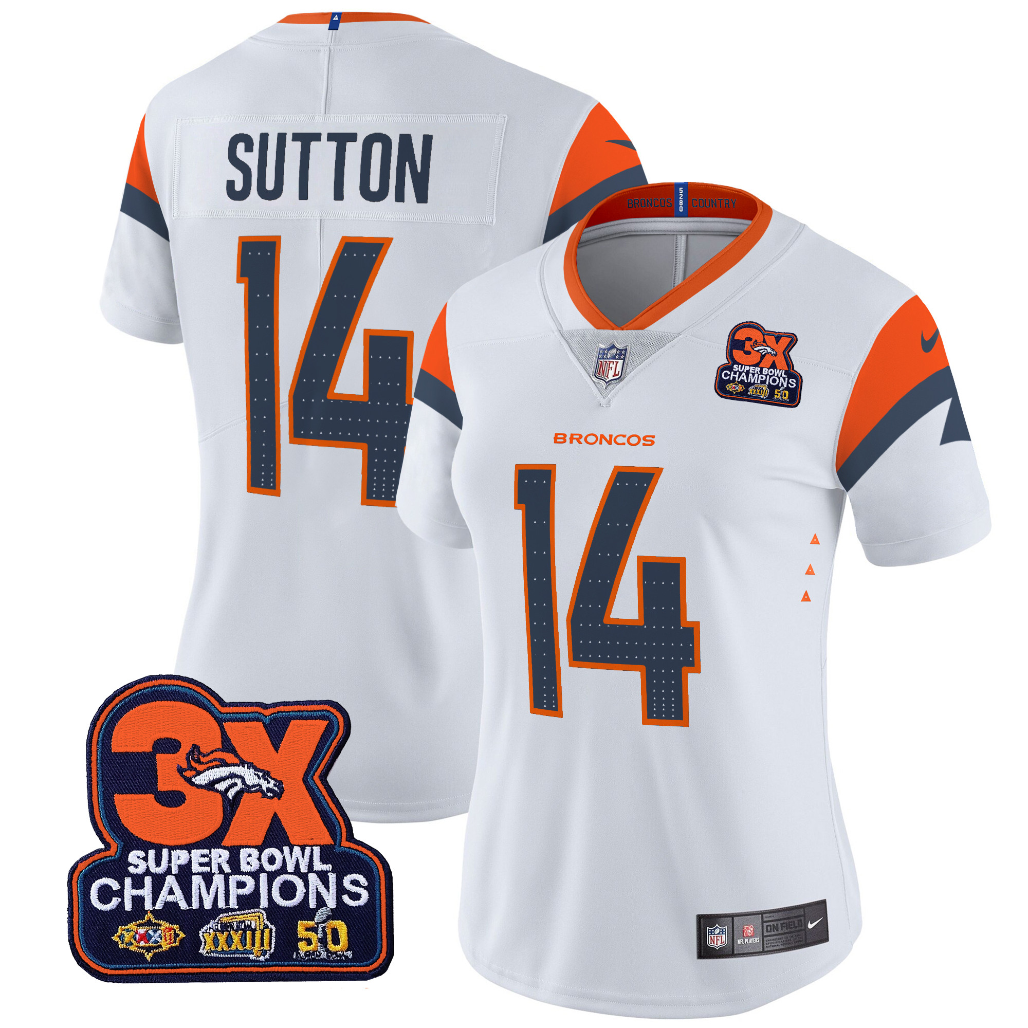 Women's Courtland Sutton Denver Broncos 3-Time Champions Patch Vapor Limited White Jersey - All Stitched