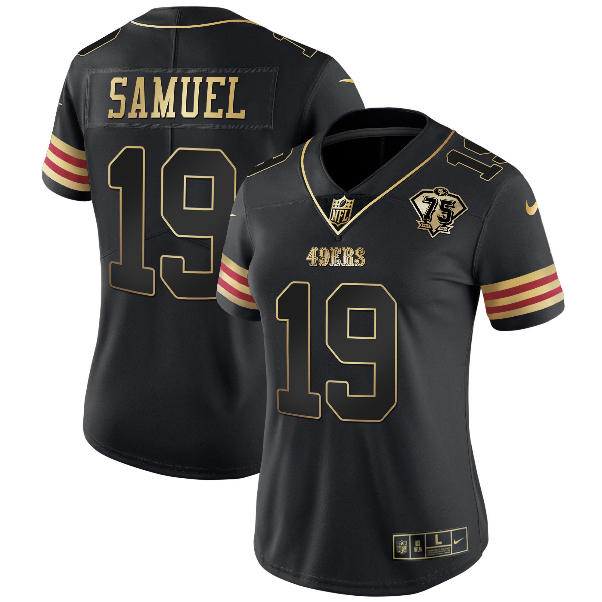 Women's Deebo Samuel San Francisco 49ers 75th Anniversary Patch Vapor Gold Black Gold Jersey V2 - All Stitched
