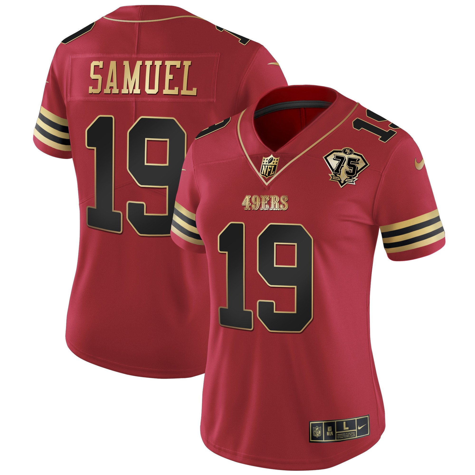 Women's Deebo Samuel San Francisco 49ers 75th Anniversary Patch Vapor Gold Black Red Jersey V2 - All Stitched