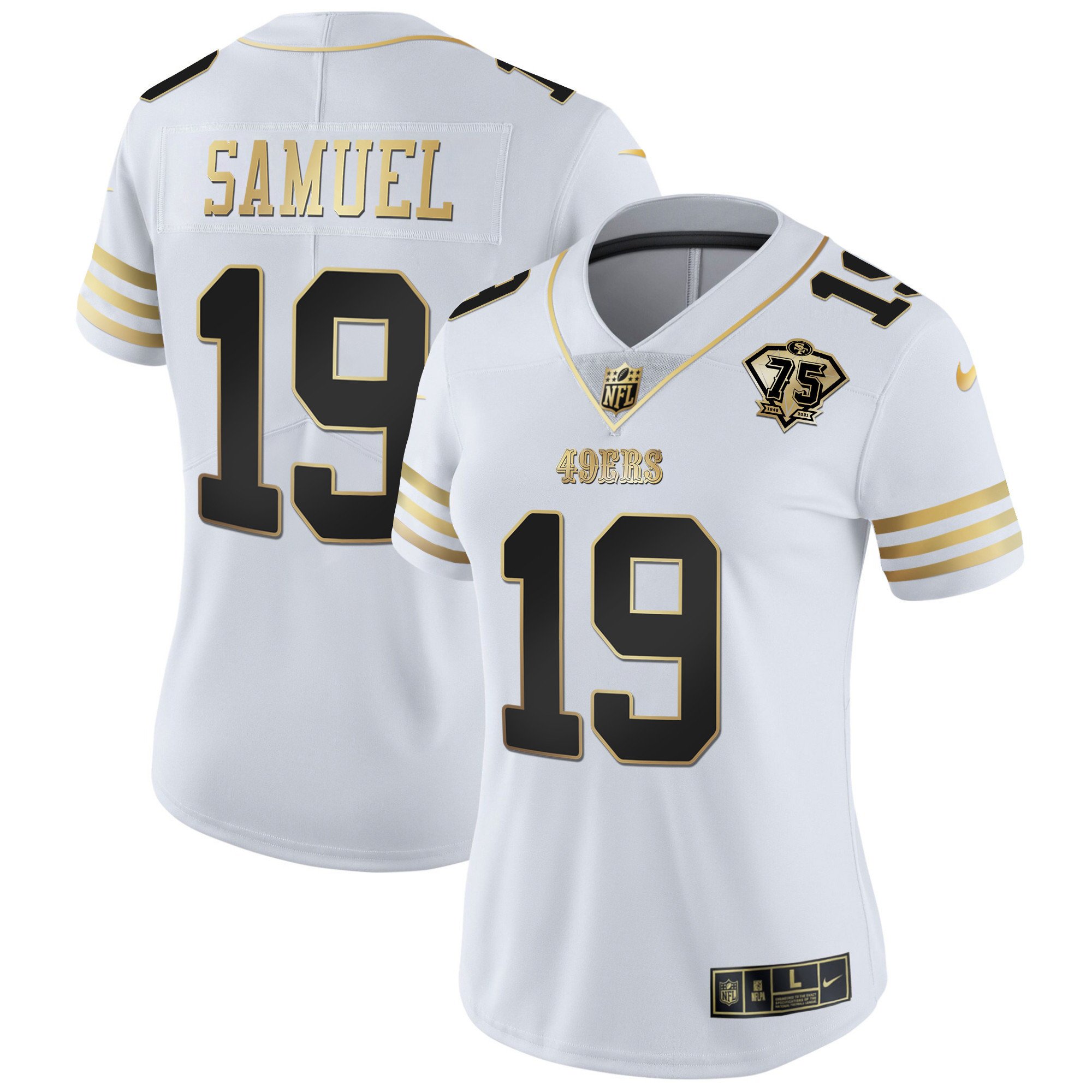 Women's Deebo Samuel San Francisco 49ers 75th Anniversary Patch Vapor Gold White Gold Jersey - All Stitched