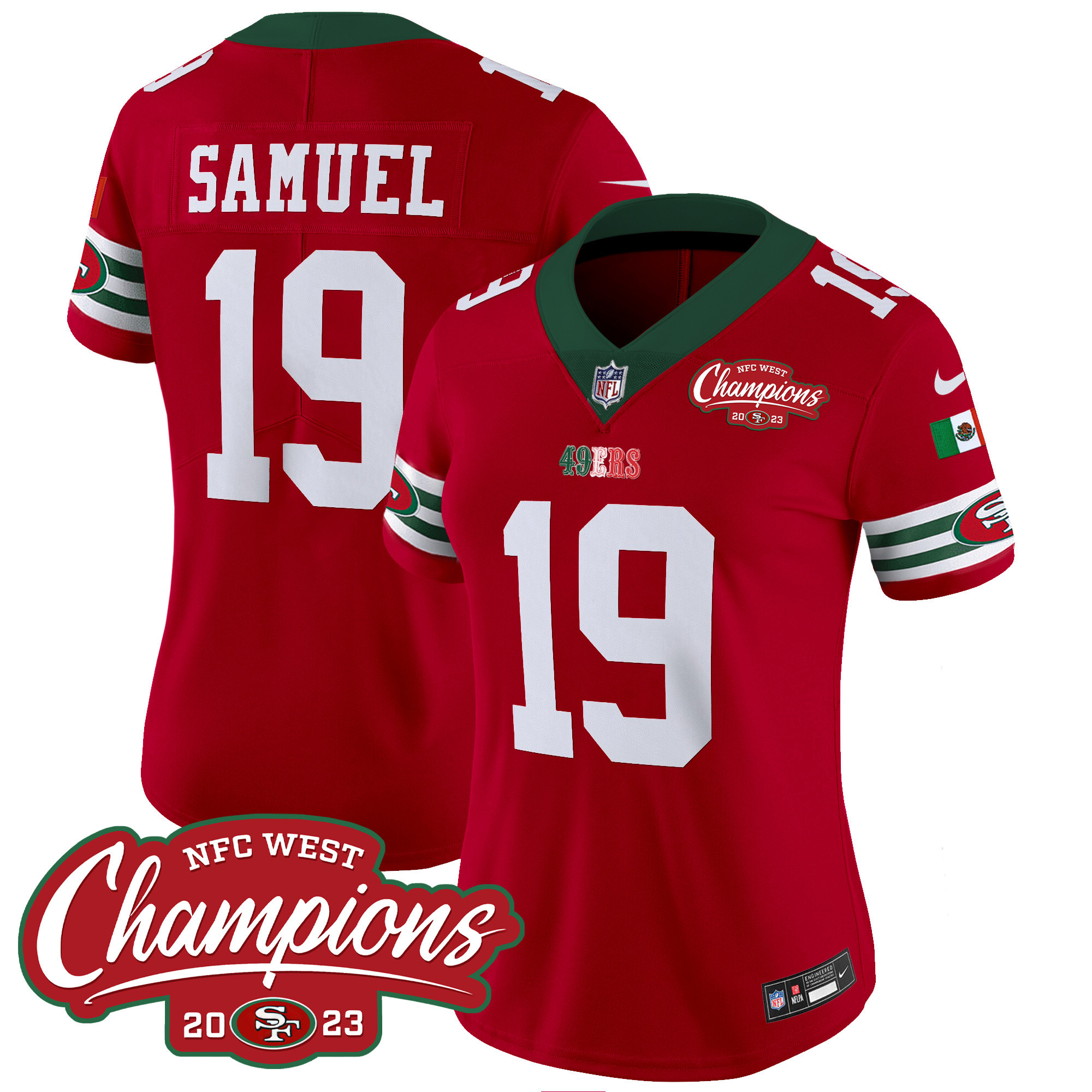 Women's Deebo Samuel San Francisco 49ers Mexico 2023 NFC West Champions Patch Vapor Red Jersey - All Stitched