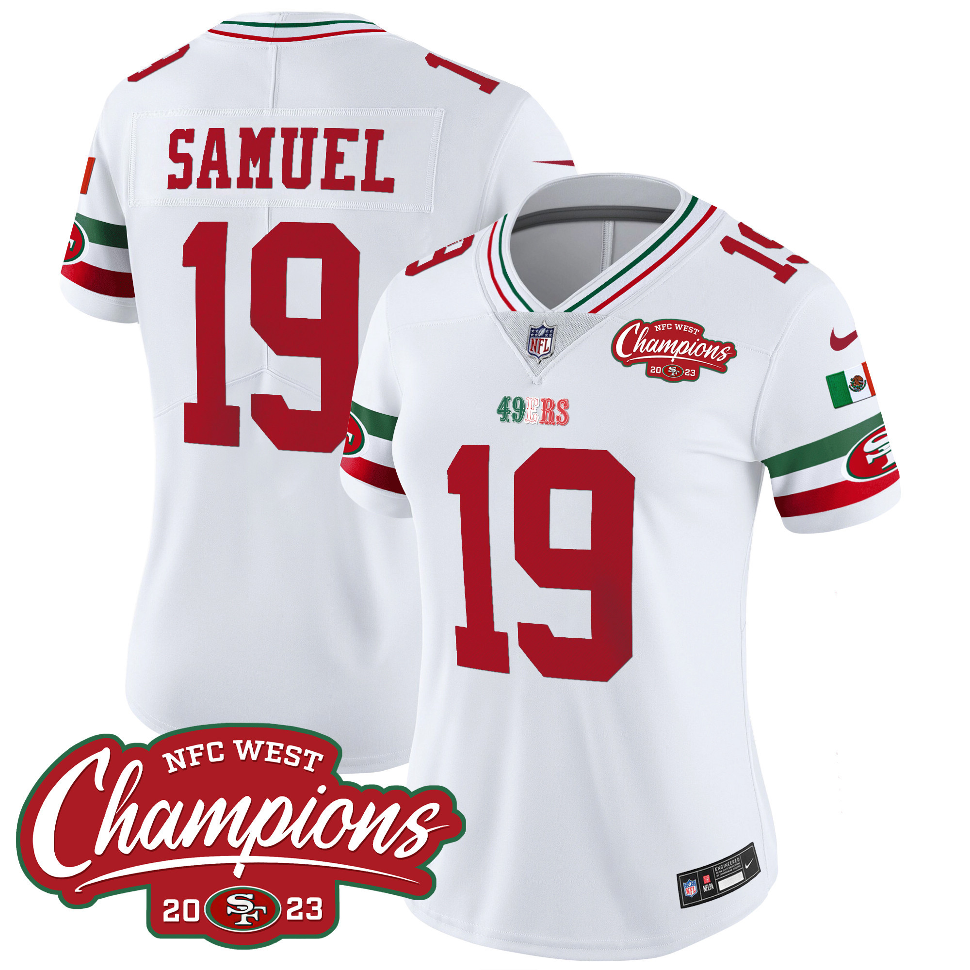 Women's Deebo Samuel San Francisco 49ers Mexico 2023 NFC West Champions Patch Vapor White Jersey - All Stitched