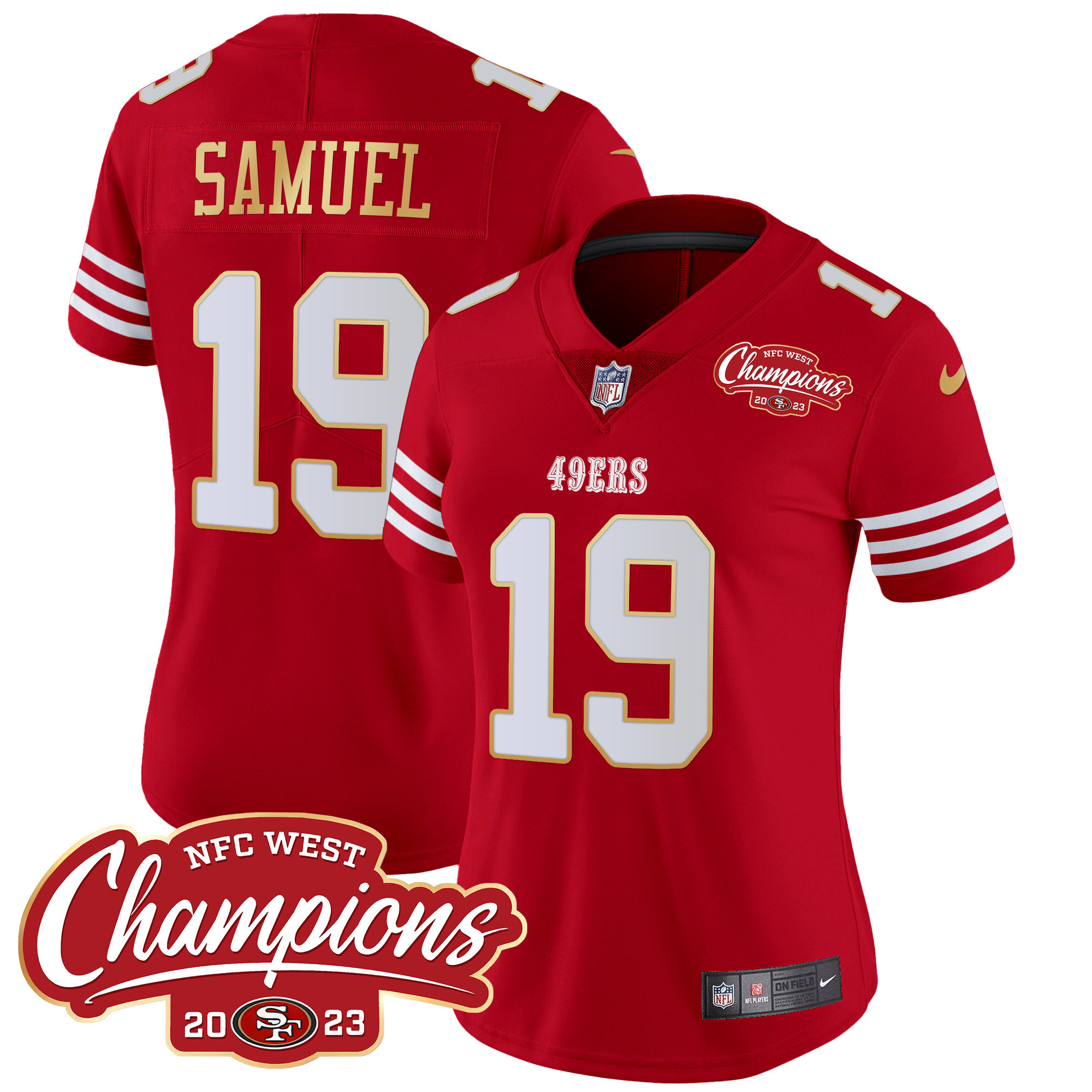 Women's Deebo Samuel San Francisco 49ers NFC West Champions Gold Trim Vapor Red Jersey - All Stitched