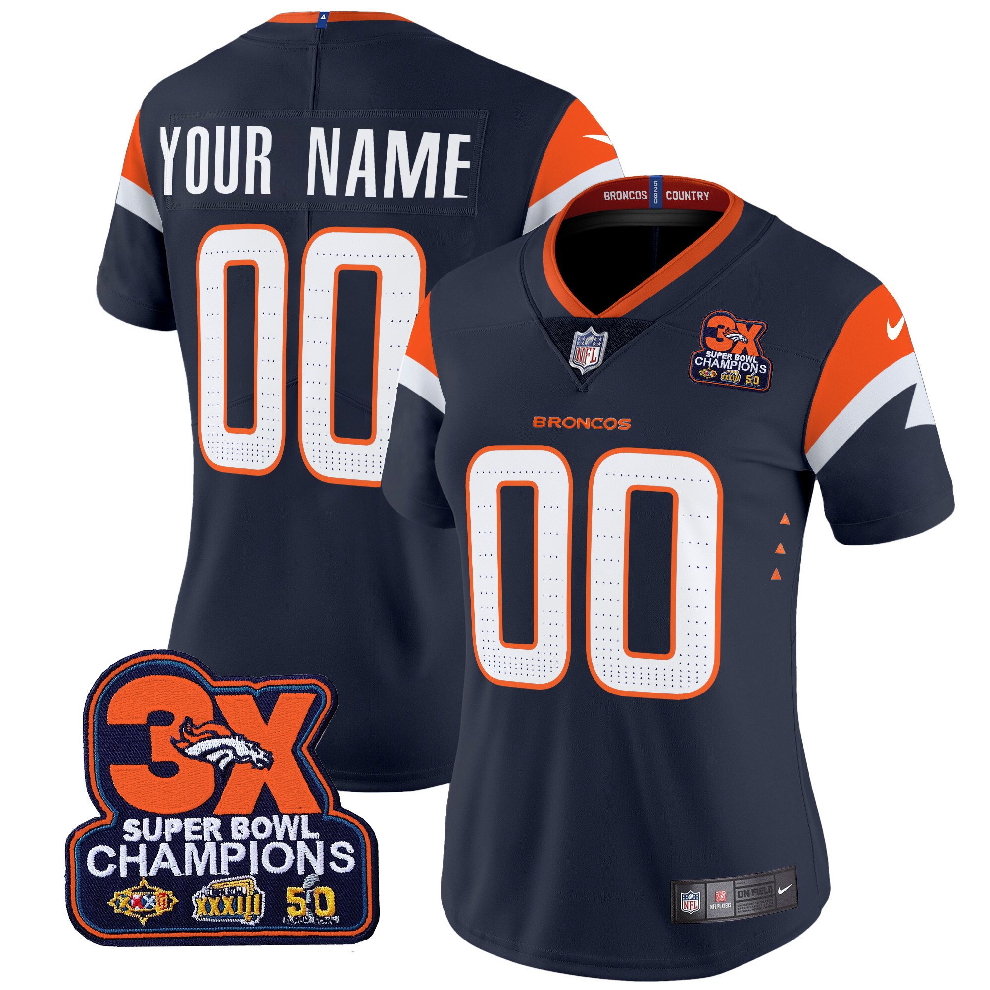 Women's Denver Broncos 3-Time Champions Patch Vapor Limited Custom Navy Jersey - All Stitched
