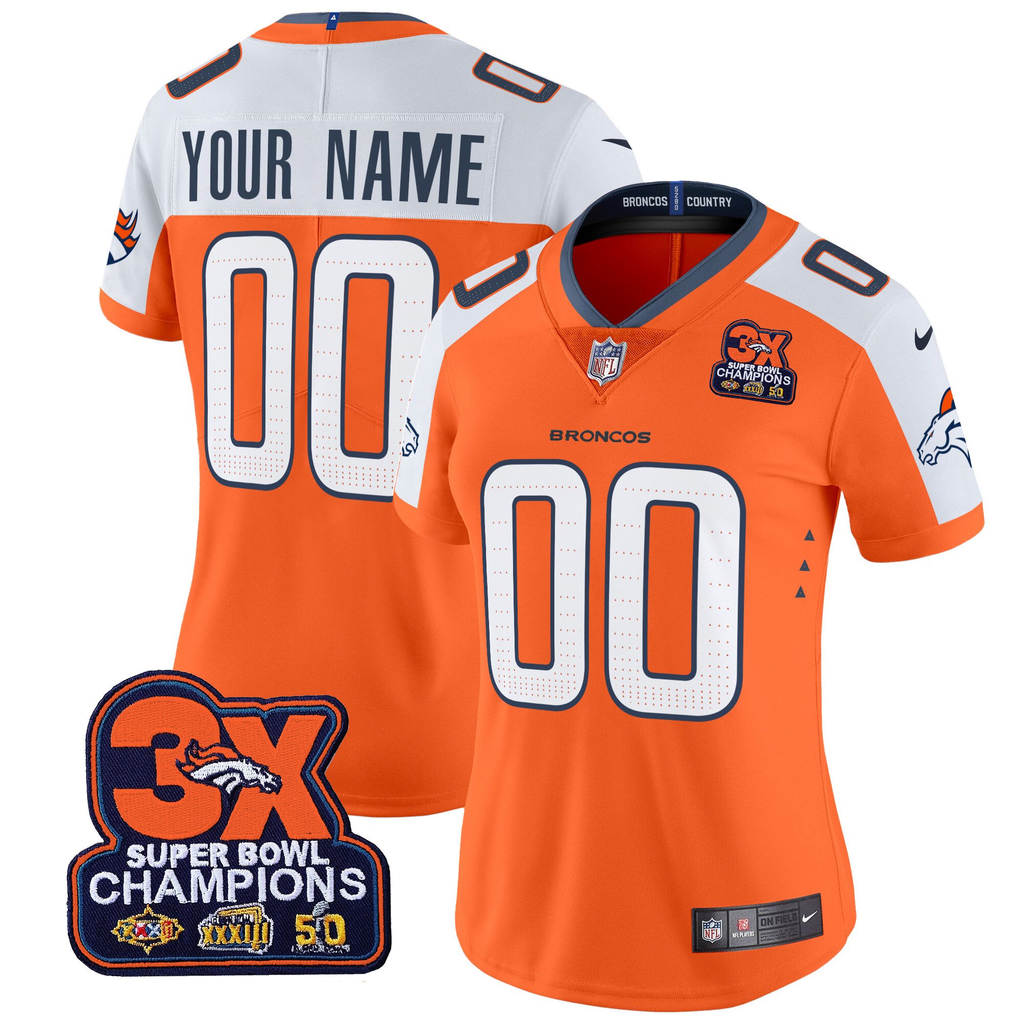 Women's Denver Broncos 3-Time Champions Patch Vapor Limited Custom Orange Alternate Jersey - All Stitched