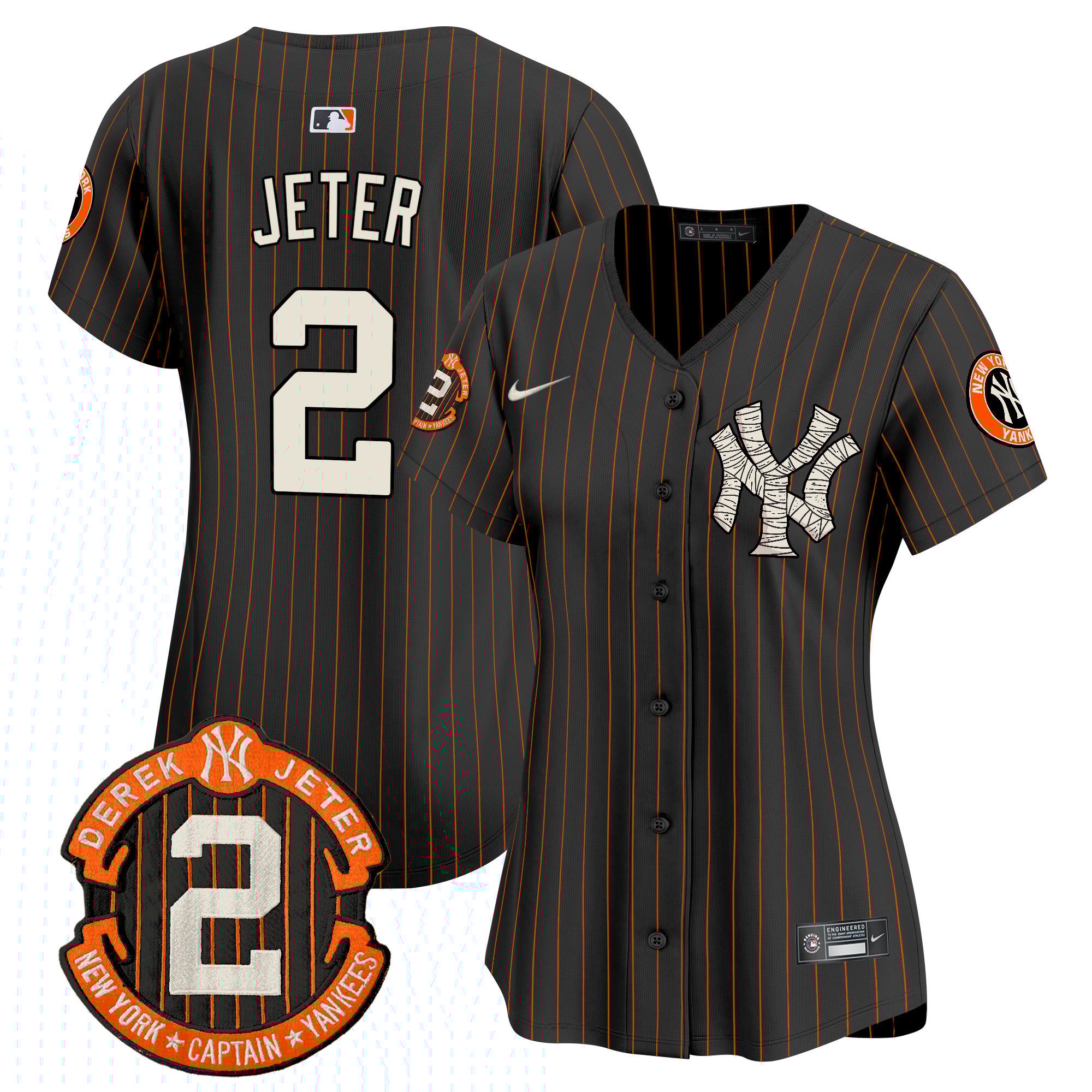 Women's Derek Jeter New York Yankees Halloween Vapor Premier Limited Black Pinstripe Jersey - All Stitched