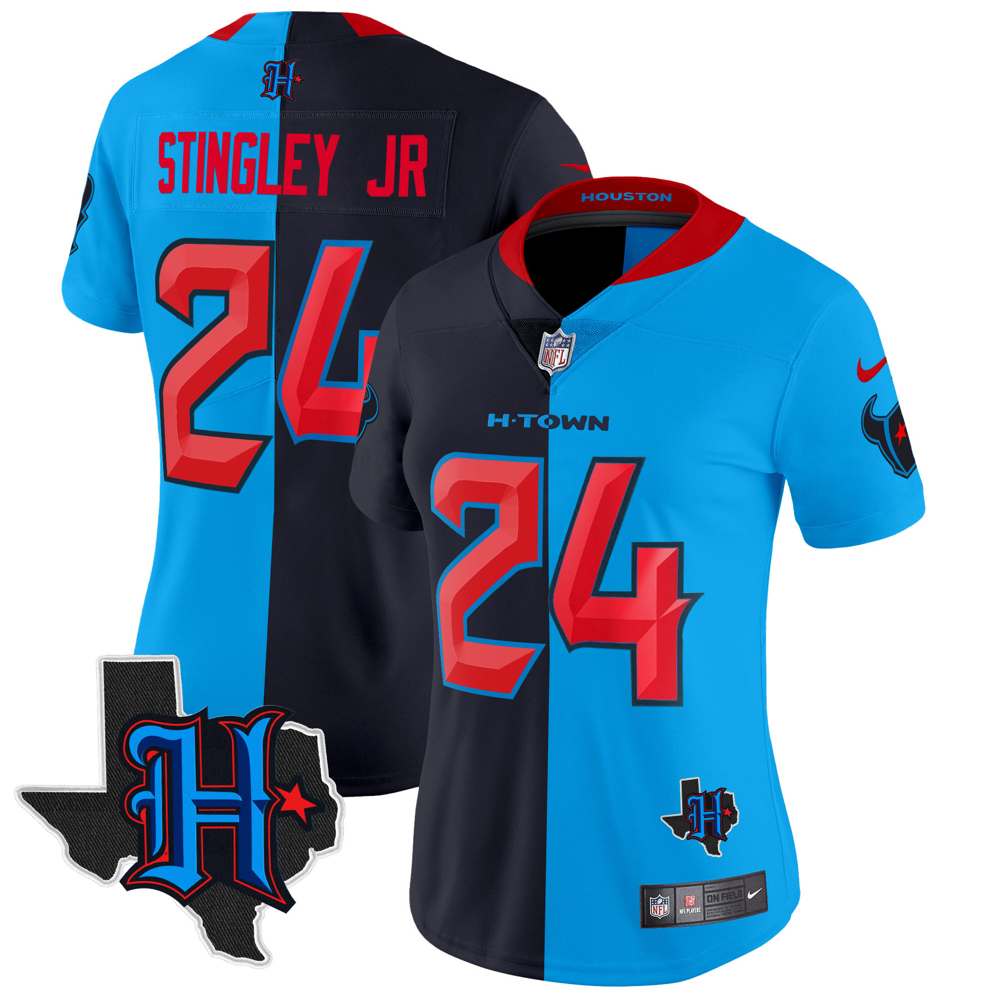 Women's Derek Stingley Jr. Houston Texans 2024 Texas Patch Vapor Limited Split Jersey V2 - All Stitched