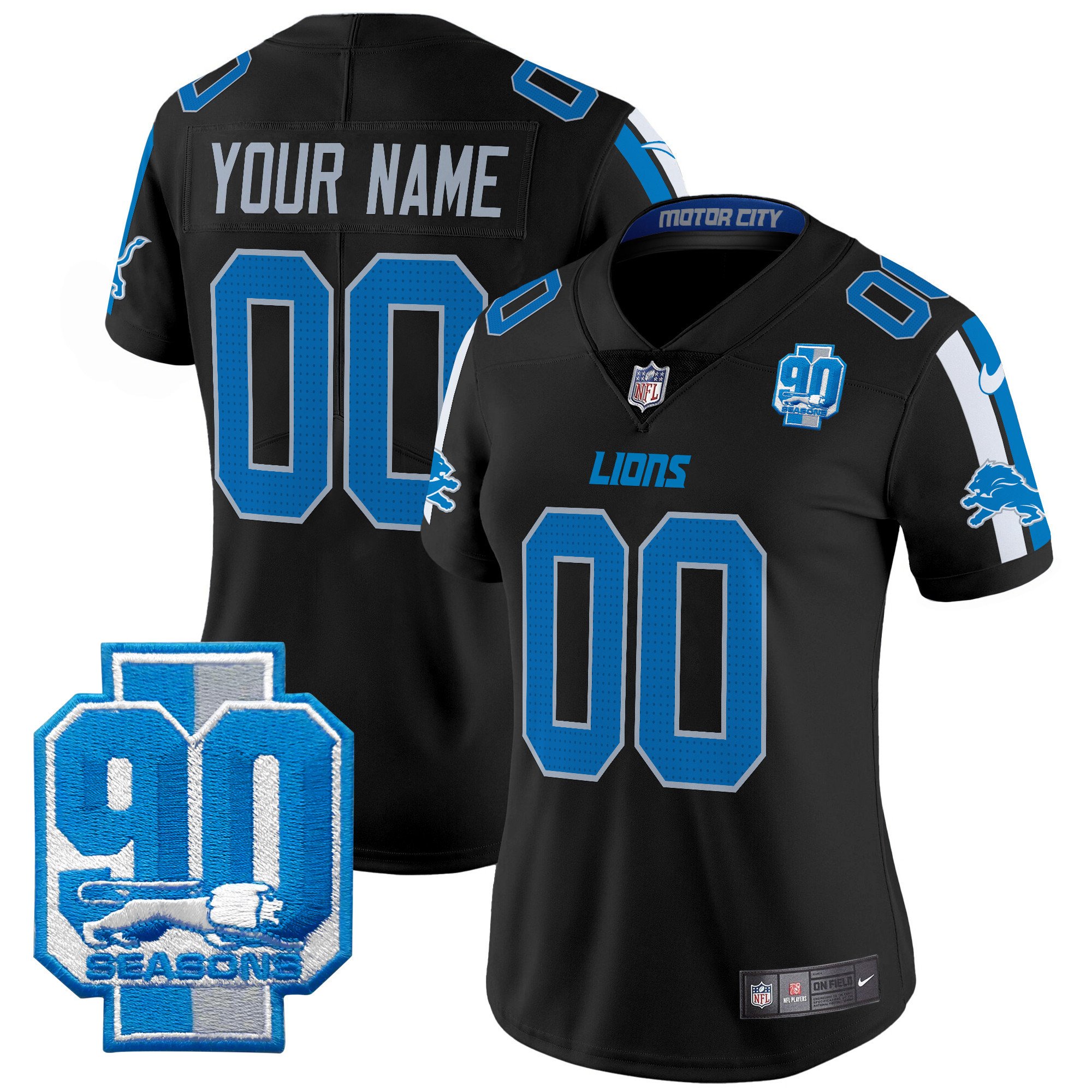 Women's Detroit Lions 90th Year Patch Vapor Limited Custom Black Jersey - All Stitched