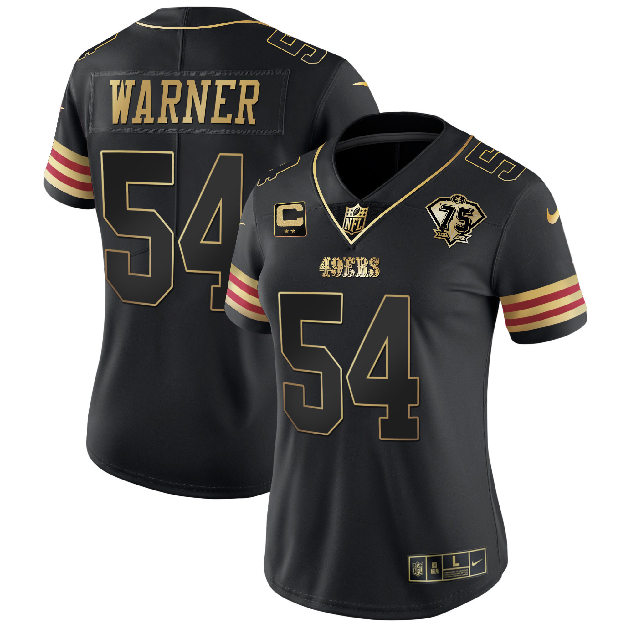 Women's Fred Warner San Francisco 49ers 75th Anniversary Patch Vapor Gold Black Gold Jersey V2 - All Stitched