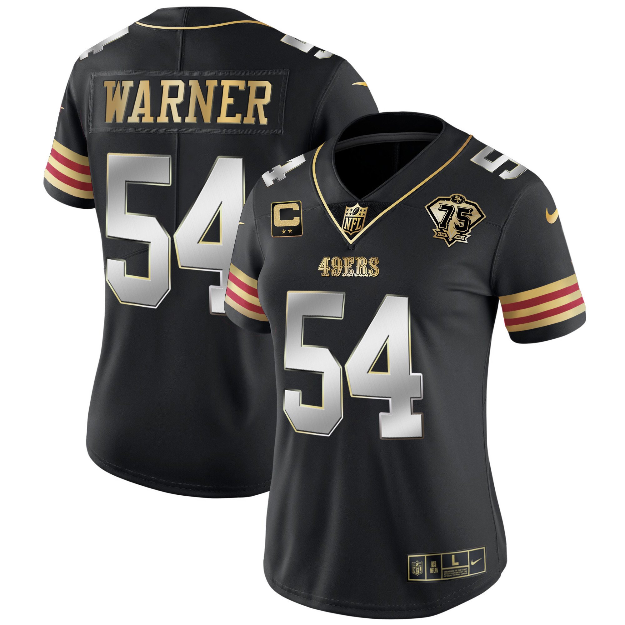 Women's Fred Warner San Francisco 49ers 75th Anniversary Patch Vapor Gold Black Limited Jersey V2 - All Stitched