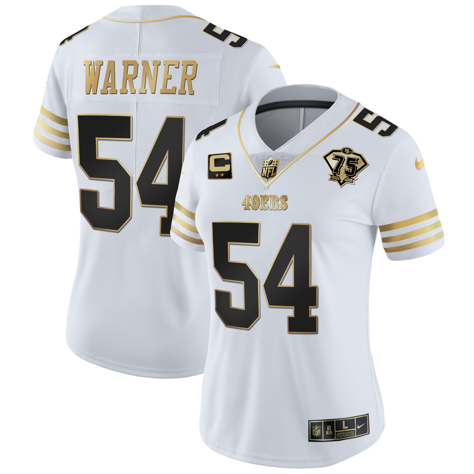 Women's Fred Warner San Francisco 49ers 75th Anniversary Patch Vapor Gold White Gold Jersey - All Stitched