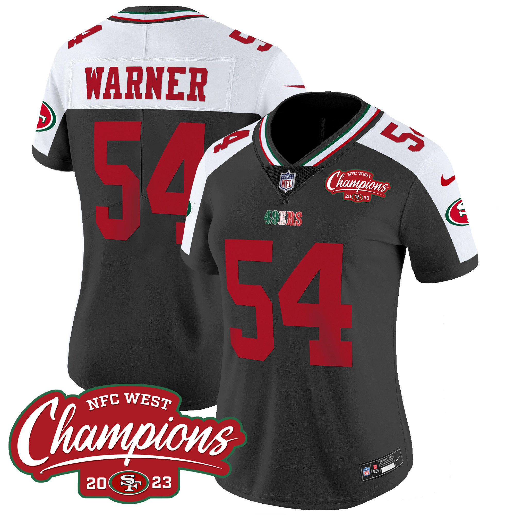 Women's Fred Warner San Francisco 49ers Mexico 2023 NFC West Champions Patch Vapor Black Alternate Jersey - All Stitched