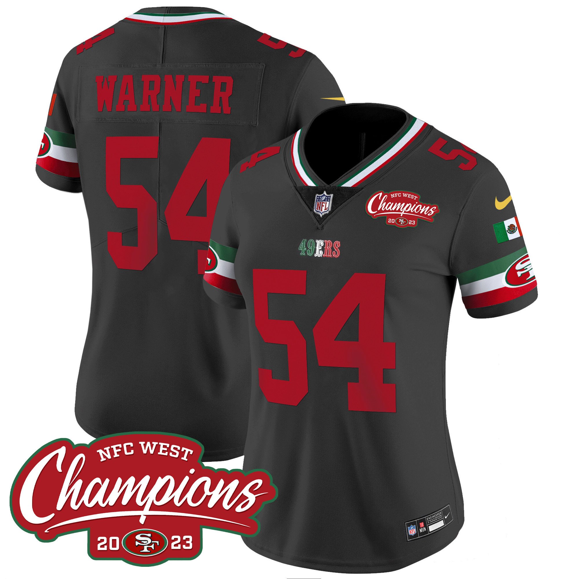 Women's Fred Warner San Francisco 49ers Mexico 2023 NFC West Champions Patch Vapor Black Jersey - All Stitched