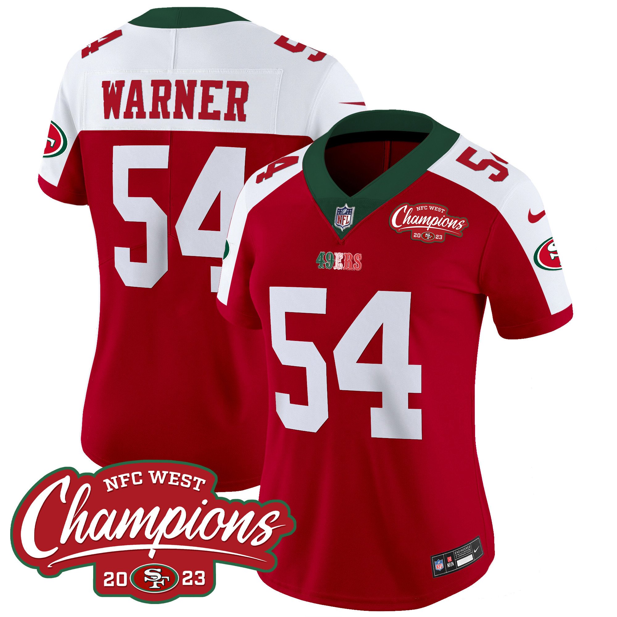 Women's Fred Warner San Francisco 49ers Mexico 2023 NFC West Champions Patch Vapor Red Alternate Jersey - All Stitched