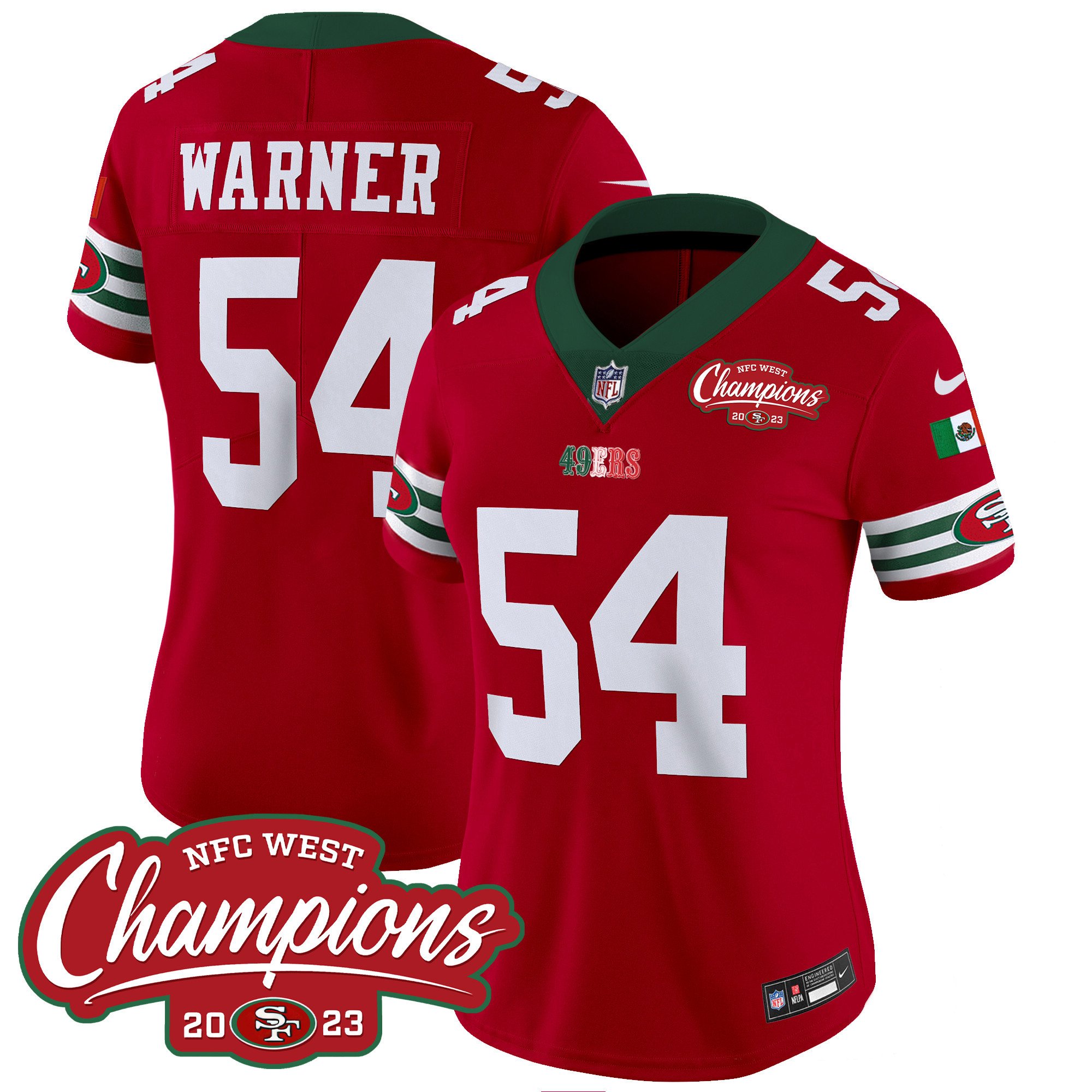 Women's Fred Warner San Francisco 49ers Mexico 2023 NFC West Champions Patch Vapor Red Jersey - All Stitched