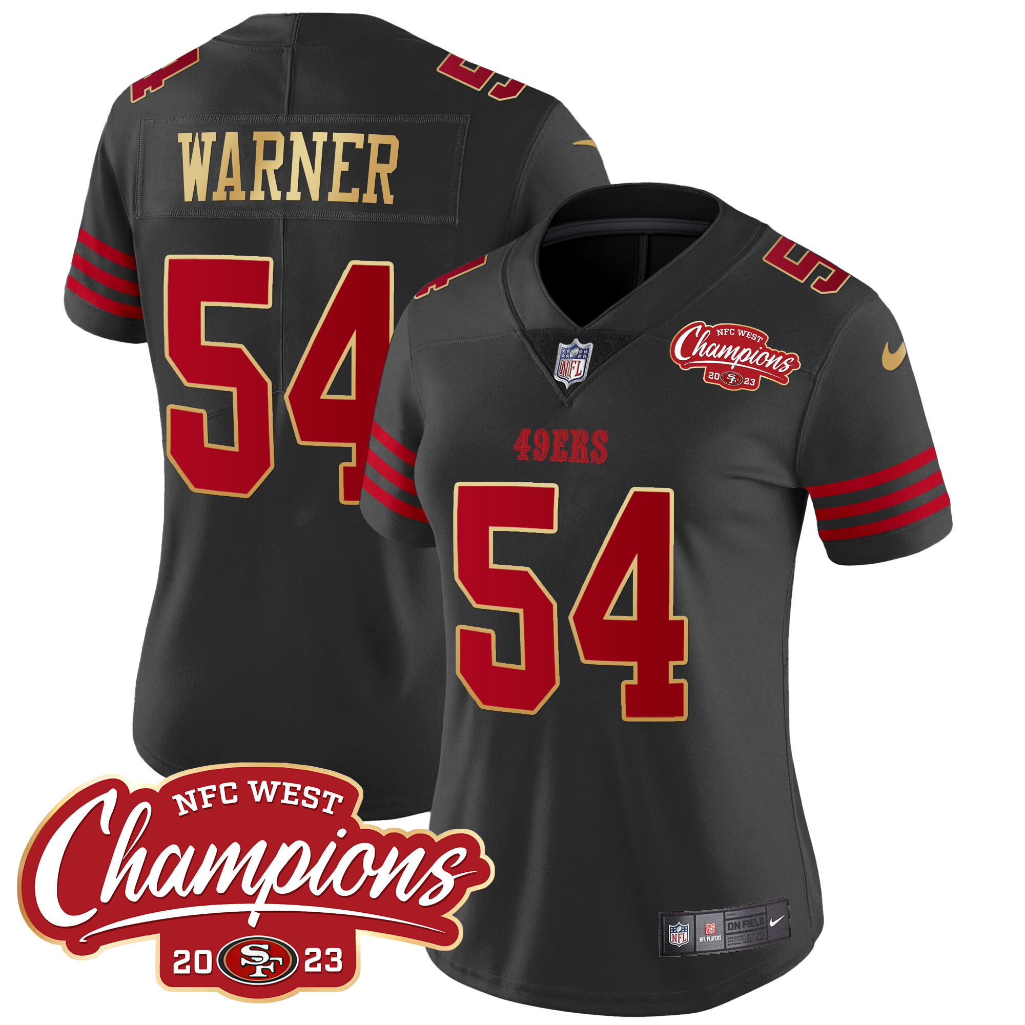 Women's Fred Warner San Francisco 49ers NFC West Champions Gold Trim Vapor Black Jersey - All Stitched