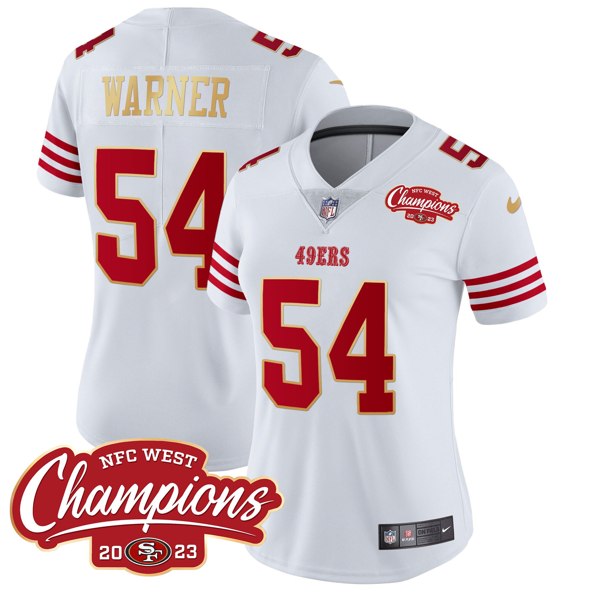 Women's Fred Warner San Francisco 49ers NFC West Champions Gold Trim Vapor White Jersey - All Stitched