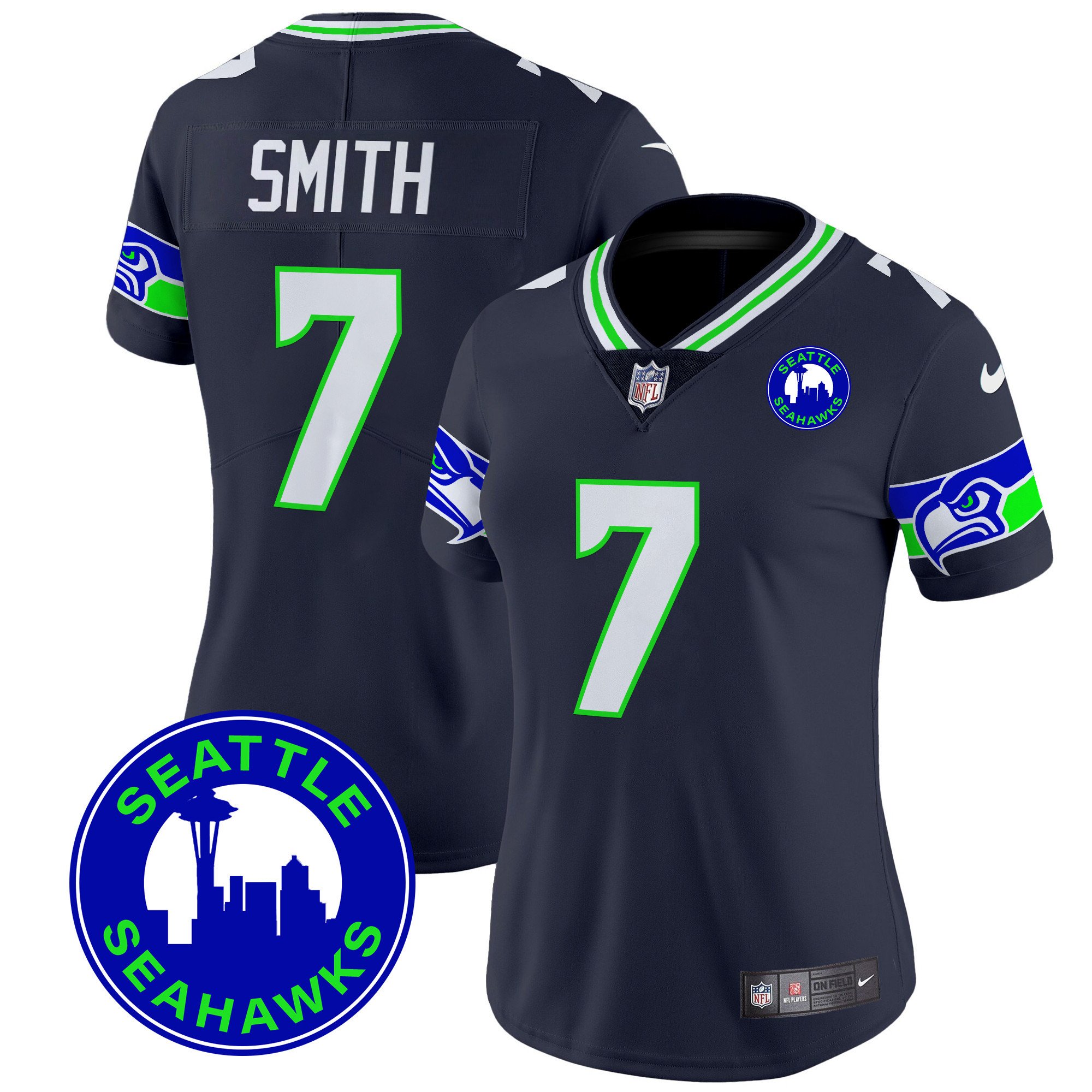 Women's Geno Smith Seattle Seahawks 2024 Seattle City Patch Vapor Limited Navy Jersey - All Stitched