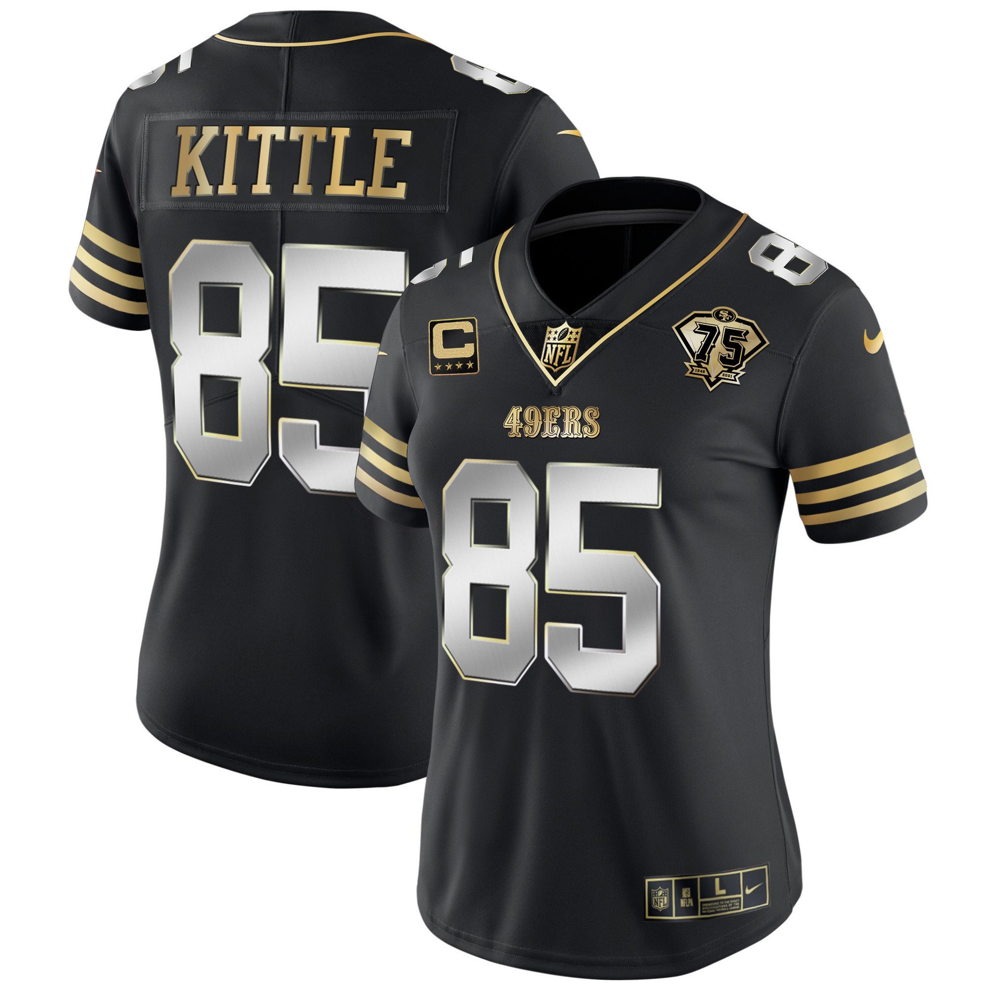 Women's George Kittle San Francisco 49ers 75th Anniversary Patch Vapor Gold Black Limited Jersey - All Stitched