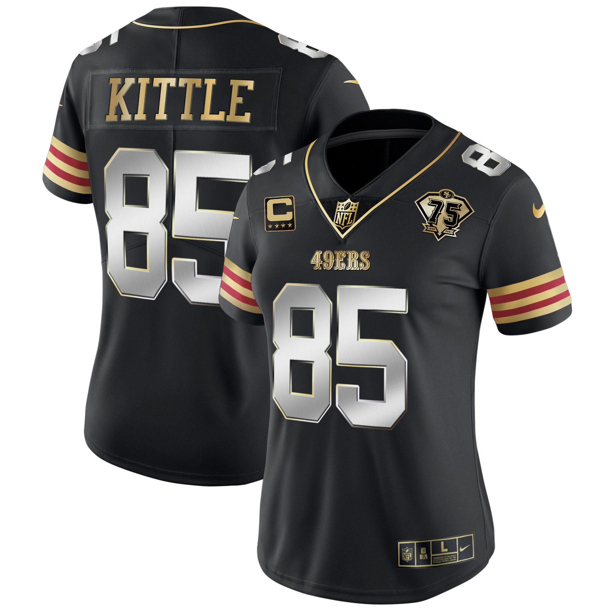 Women's George Kittle San Francisco 49ers 75th Anniversary Patch Vapor Gold Black Limited Jersey V2 - All Stitched