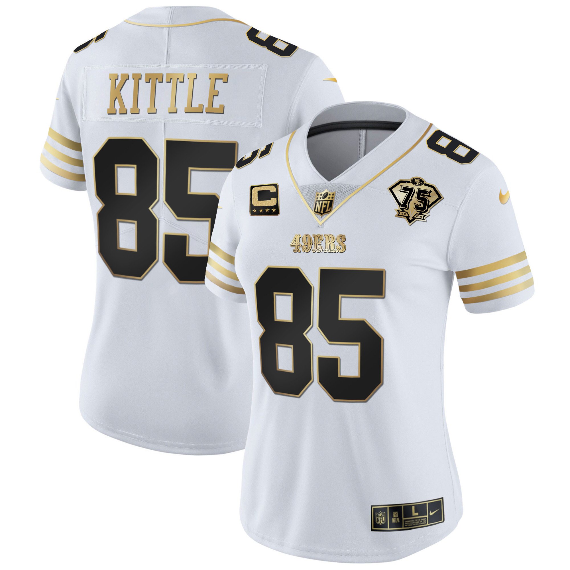 Women's George Kittle San Francisco 49ers 75th Anniversary Patch Vapor Gold White Gold Jersey - All Stitched