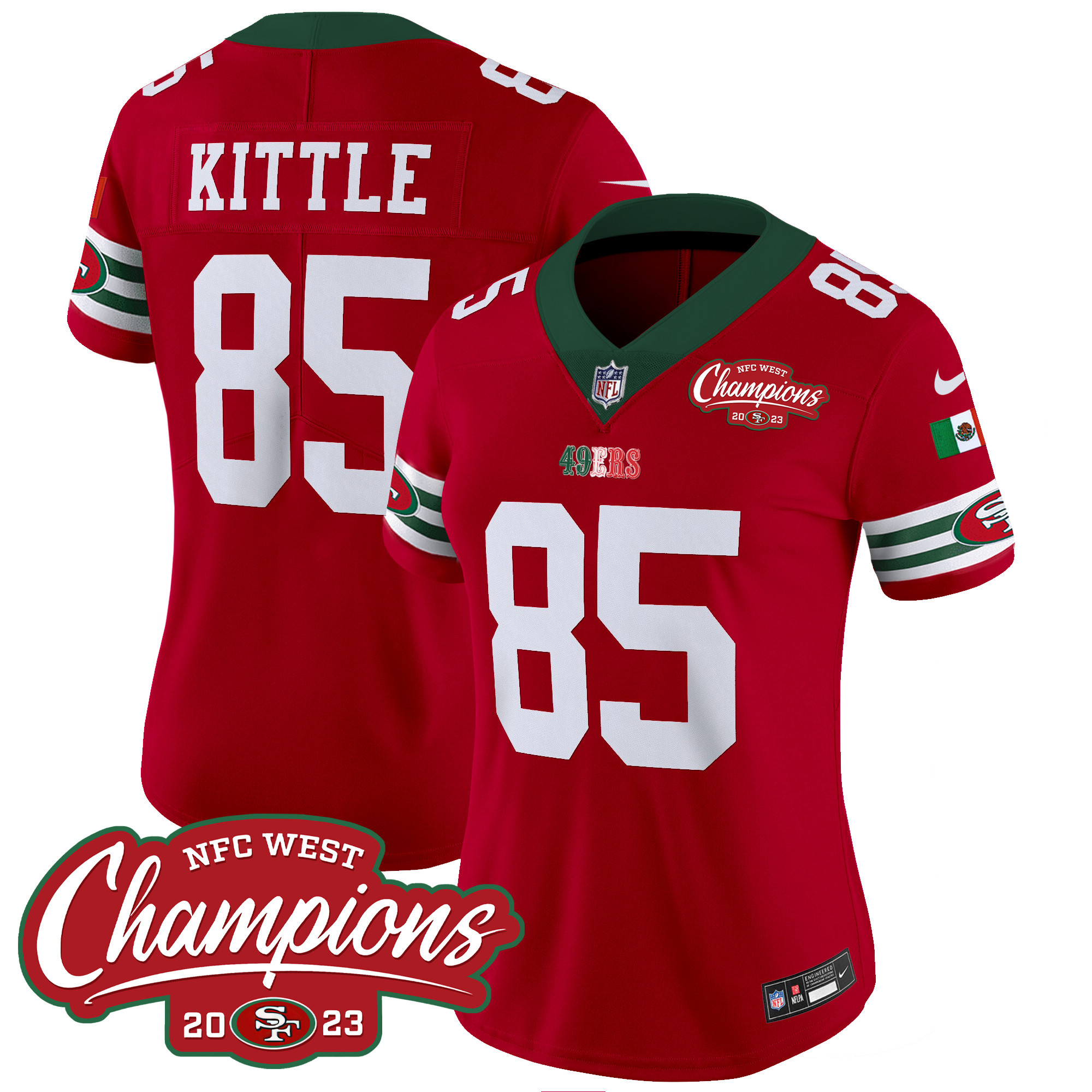 Women's George Kittle San Francisco 49ers Mexico 2023 NFC West Champions Patch Vapor Red Jersey - All Stitched