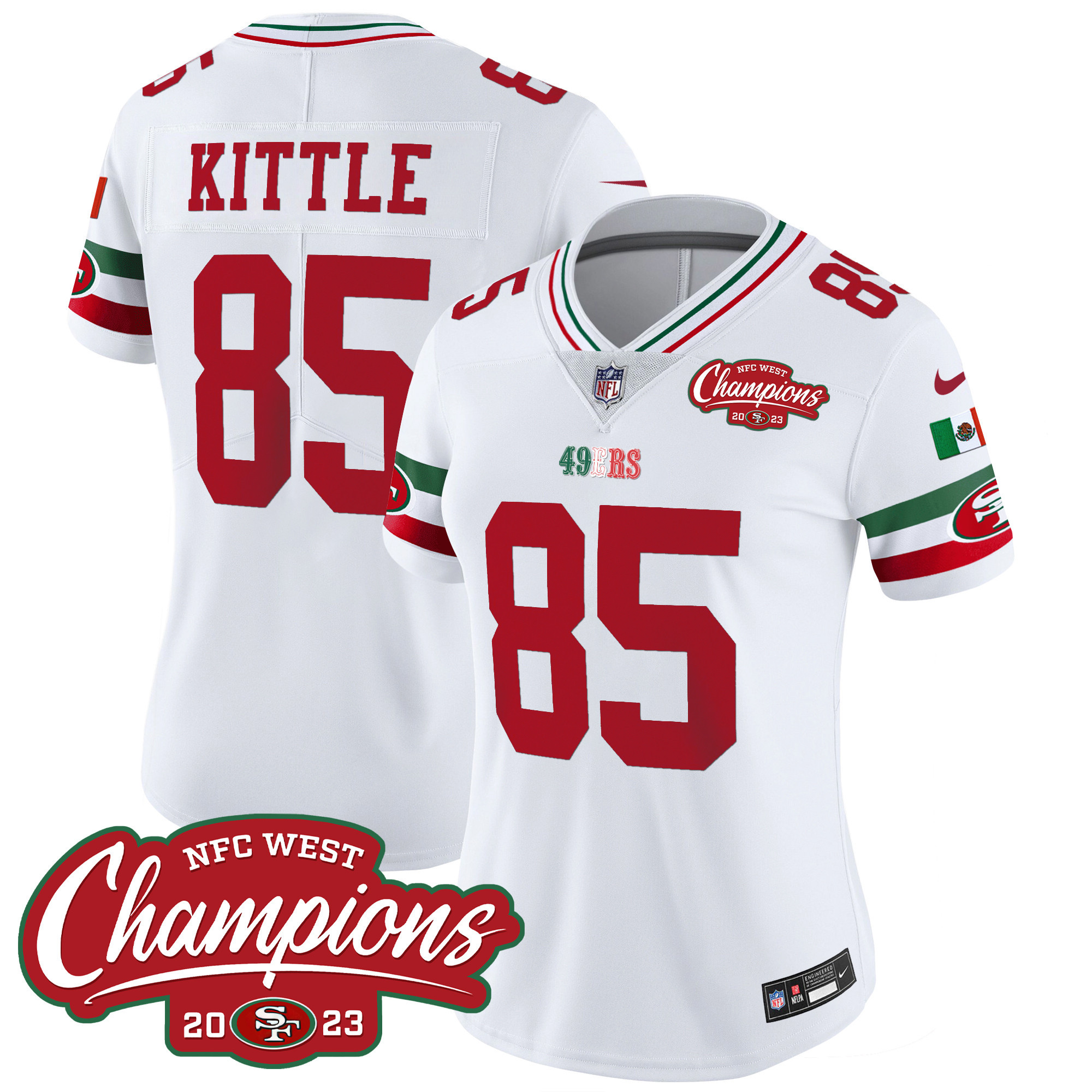 Women's George Kittle San Francisco 49ers Mexico 2023 NFC West Champions Patch Vapor White Jersey - All Stitched
