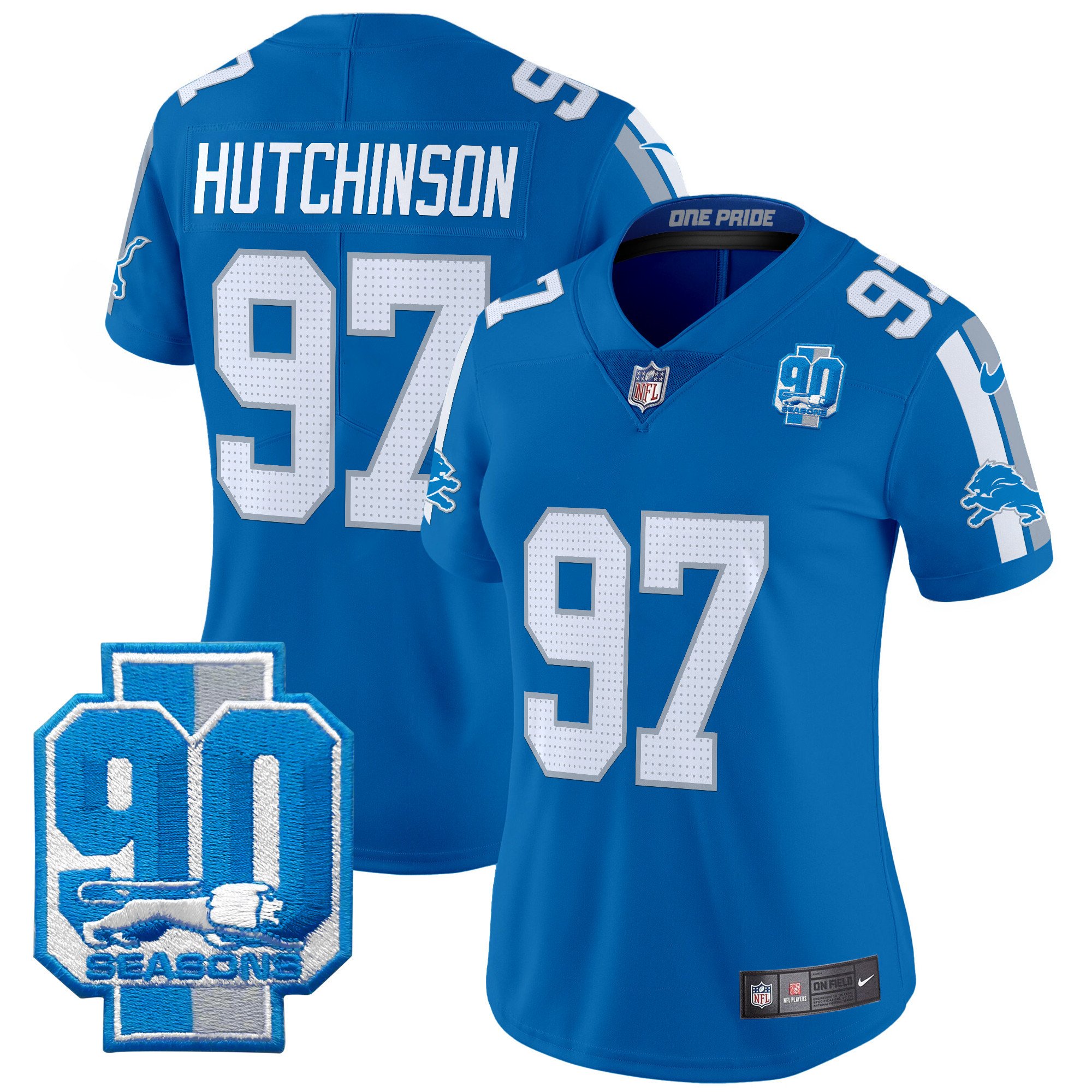 Women's Hutchinson Detroit Lions 90th Year Patch Vapor Limited Blue Jersey - All Stitched