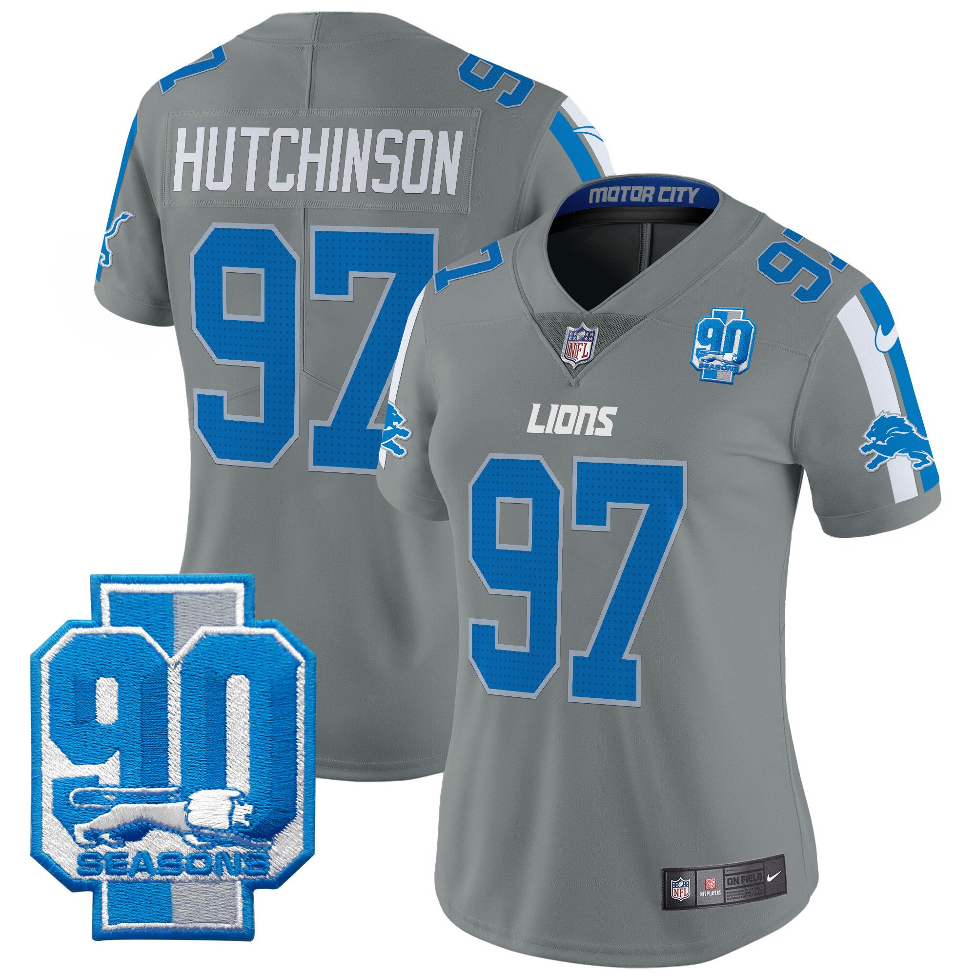 Women's Hutchinson Detroit Lions 90th Year Patch Vapor Limited Gray Jersey - All Stitched