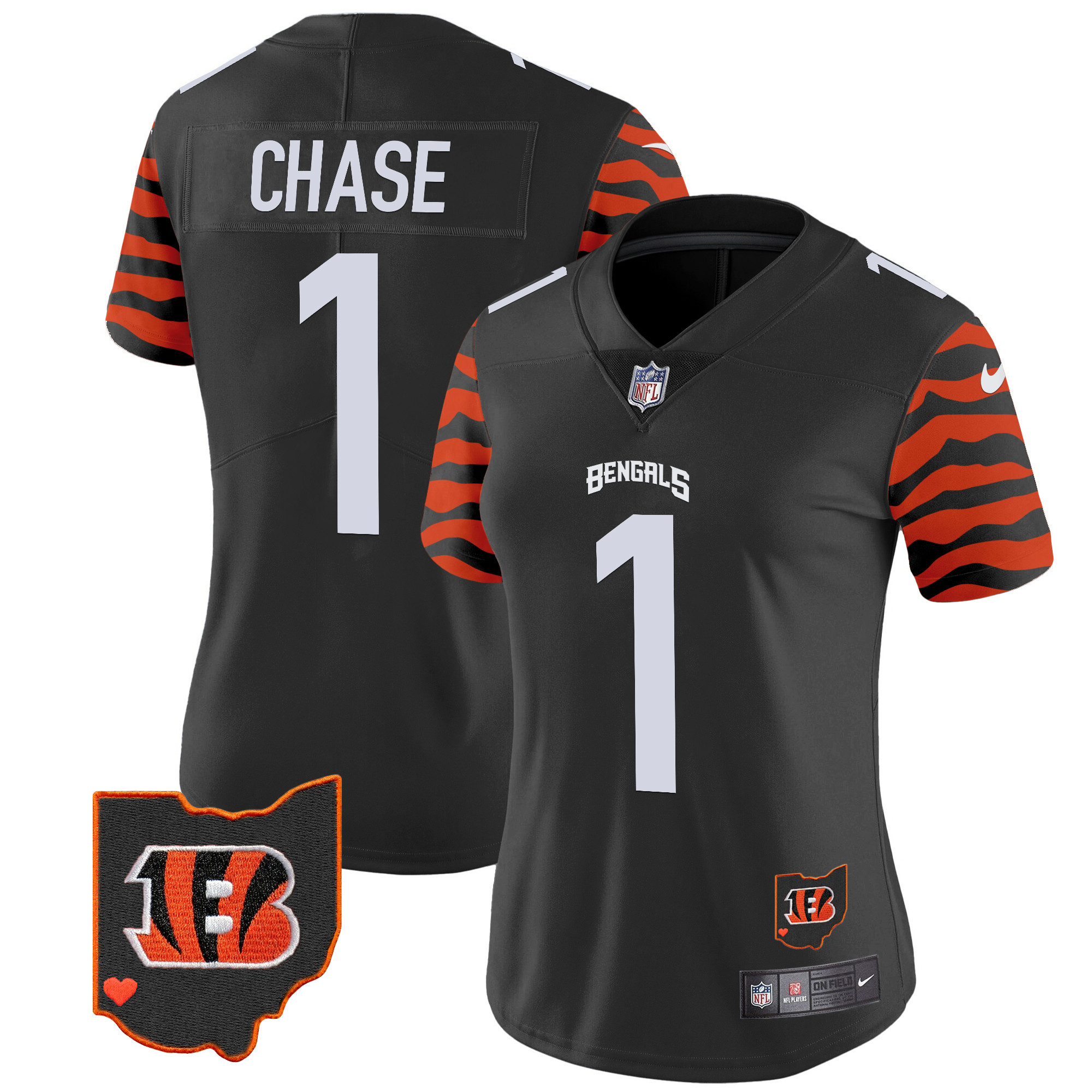 Women's Ja'Marr Chase Cincinnati Bengals Stripes Vapor Limited Black Jersey - All Stitched