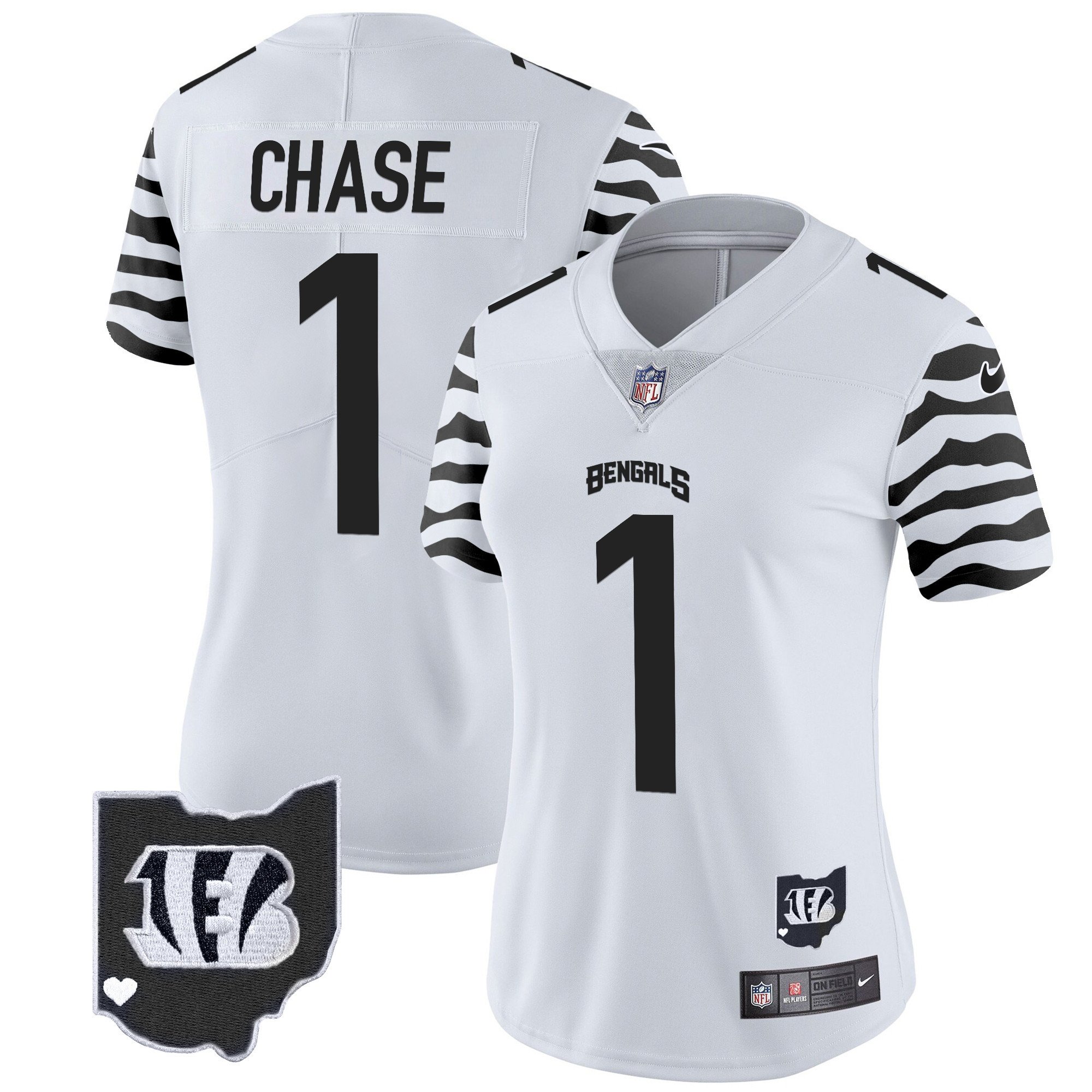 Women's Ja'Marr Chase Cincinnati Bengals Stripes Vapor Limited White Jersey - All Stitched