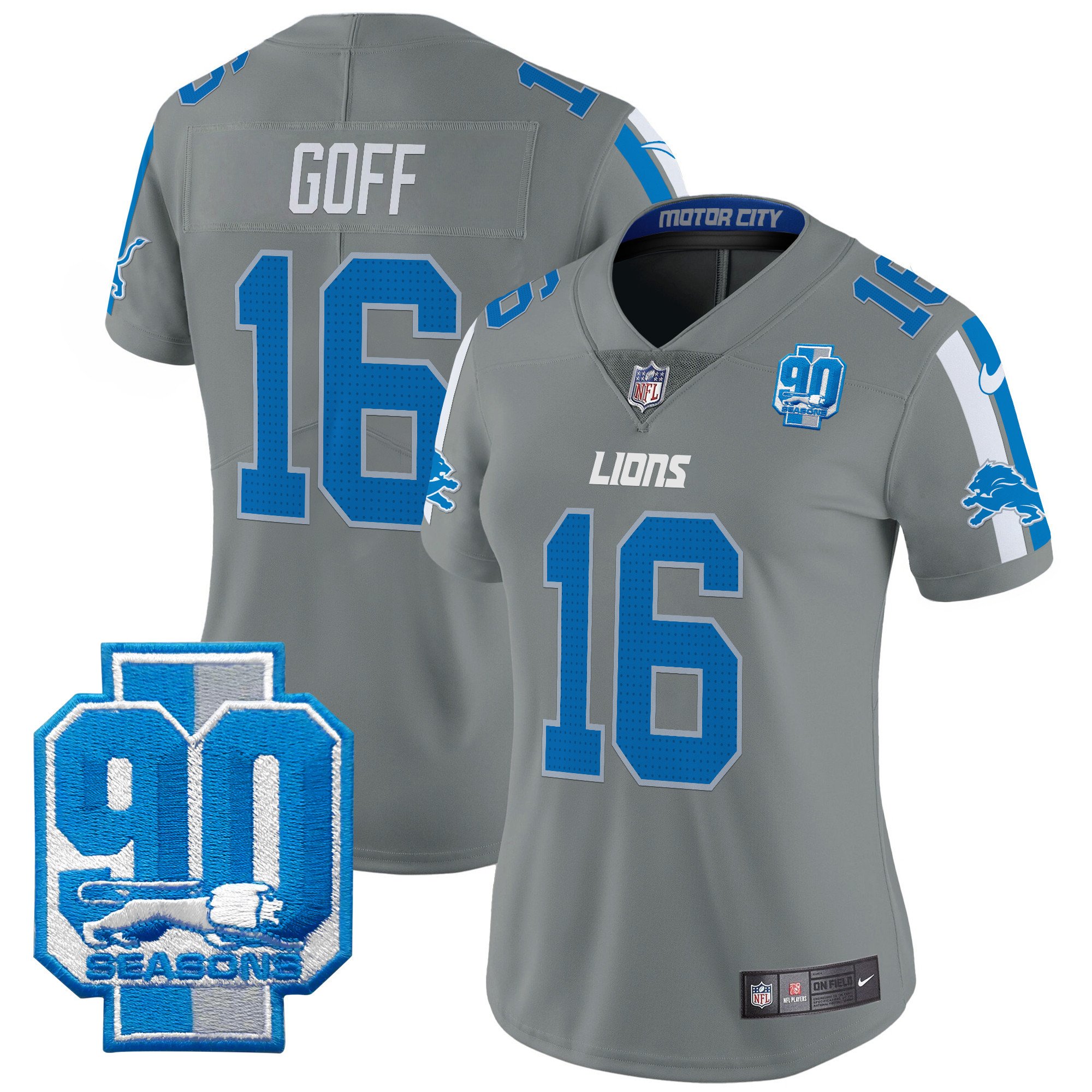 Women's Jared Goff Detroit Lions 90th Year Patch Vapor Limited Gray Jersey - All Stitched