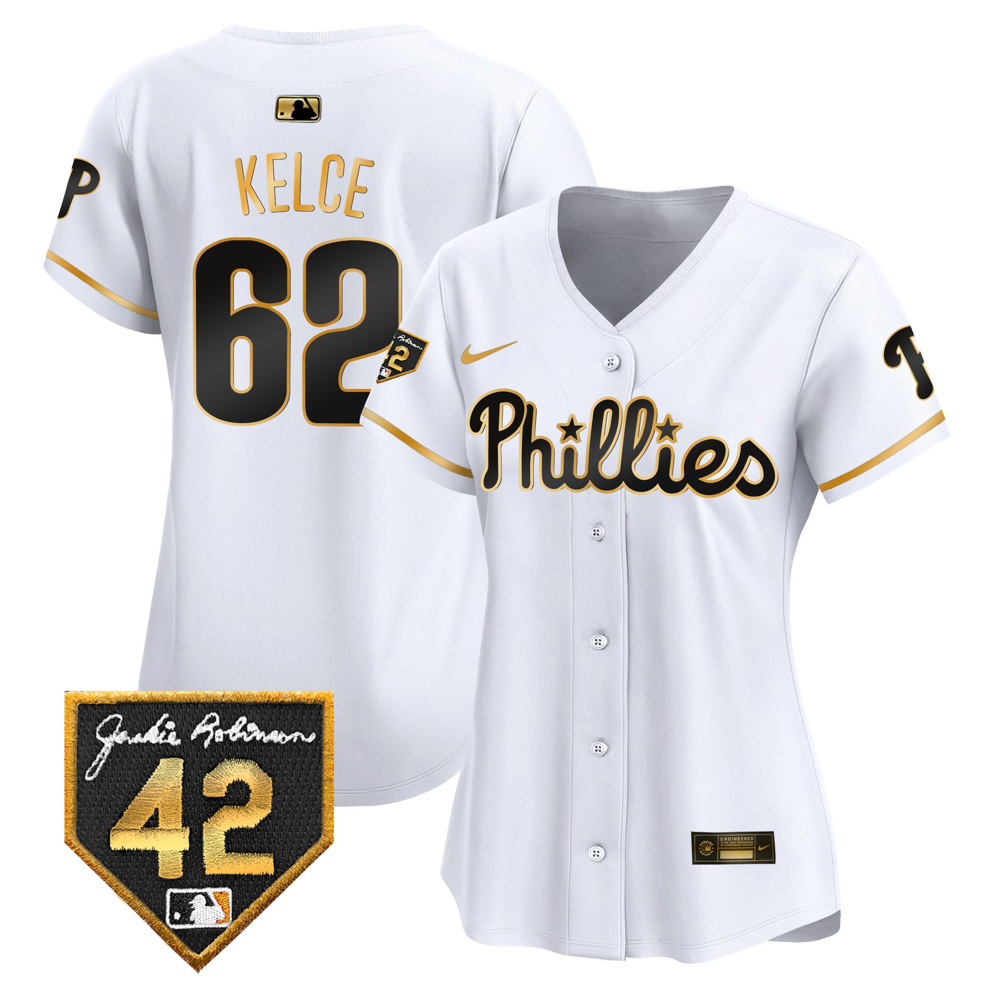 Women's Jason Kelce Philadelphia Phillies 2024 Jackie Robinson Patch Vapor Premier Limited White Gold Jersey - All Stitched