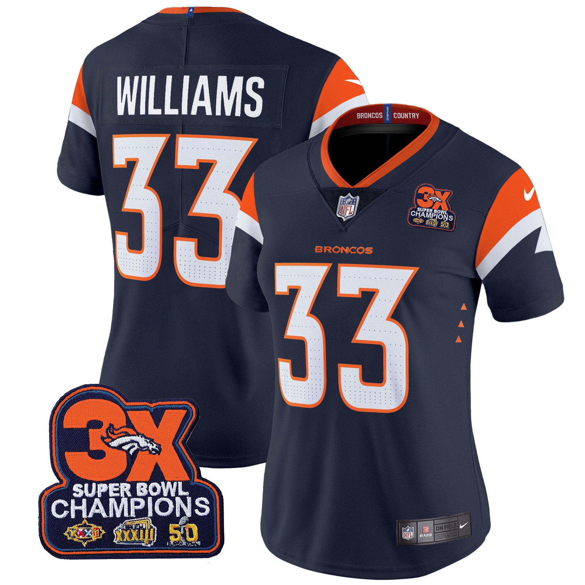 Women's Javonte Williams Denver Broncos 3-Time Champions Patch Vapor Limited Navy Jersey - All Stitched