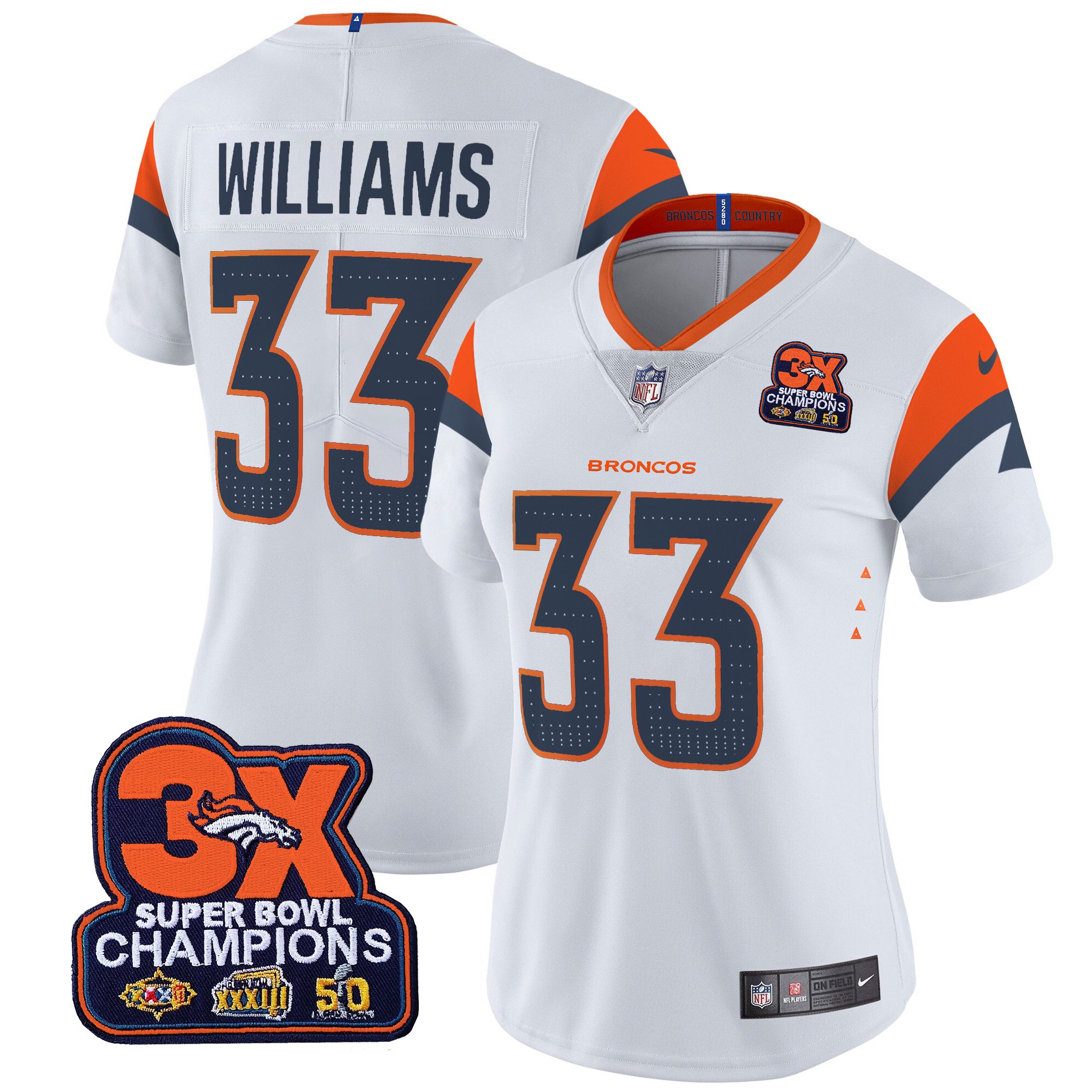 Women's Javonte Williams Denver Broncos 3-Time Champions Patch Vapor Limited White Jersey - All Stitched