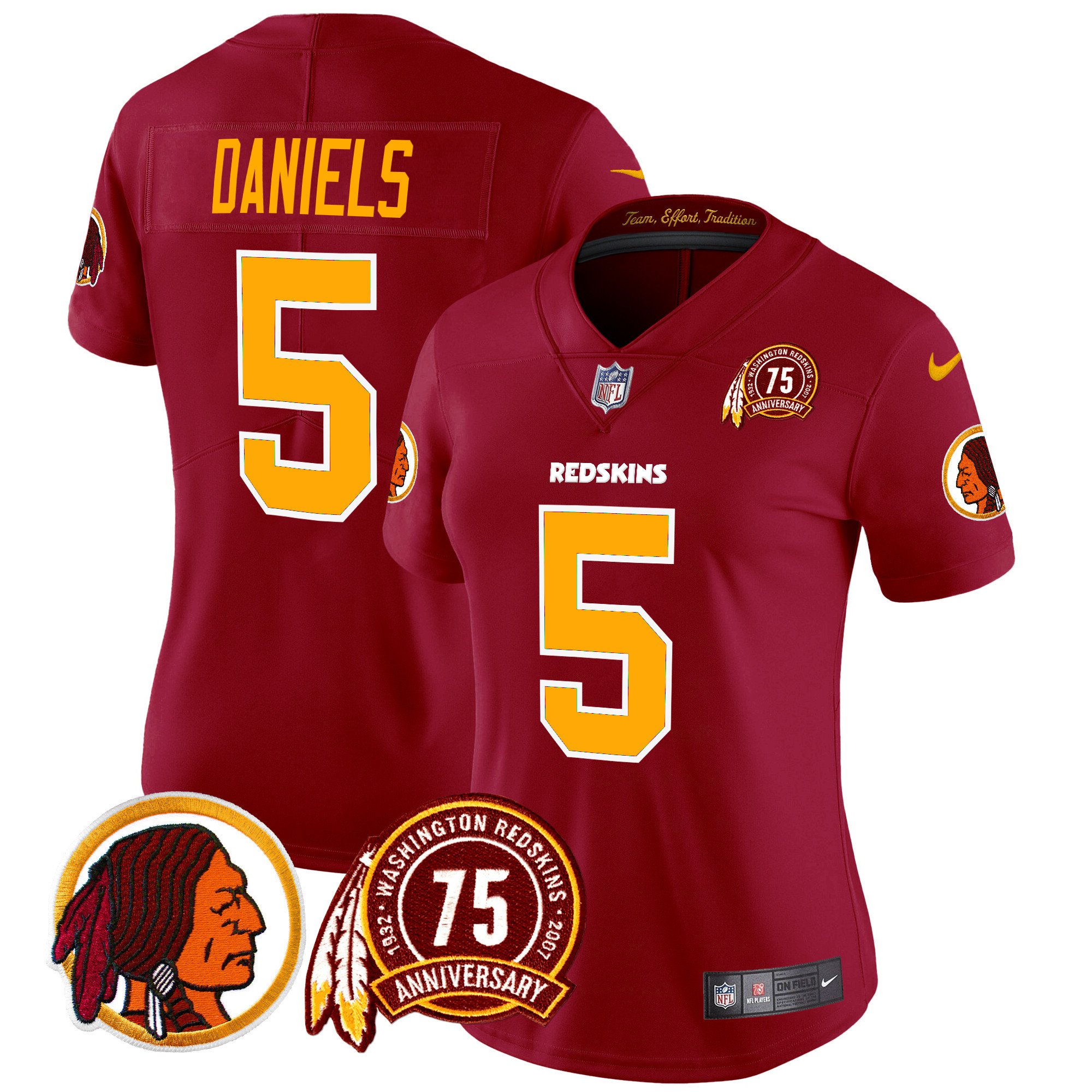 Women's Jayden Daniels Washington Redskins 75th Patch Throwback Vapor Limited Burgundy Jersey - All Stitched