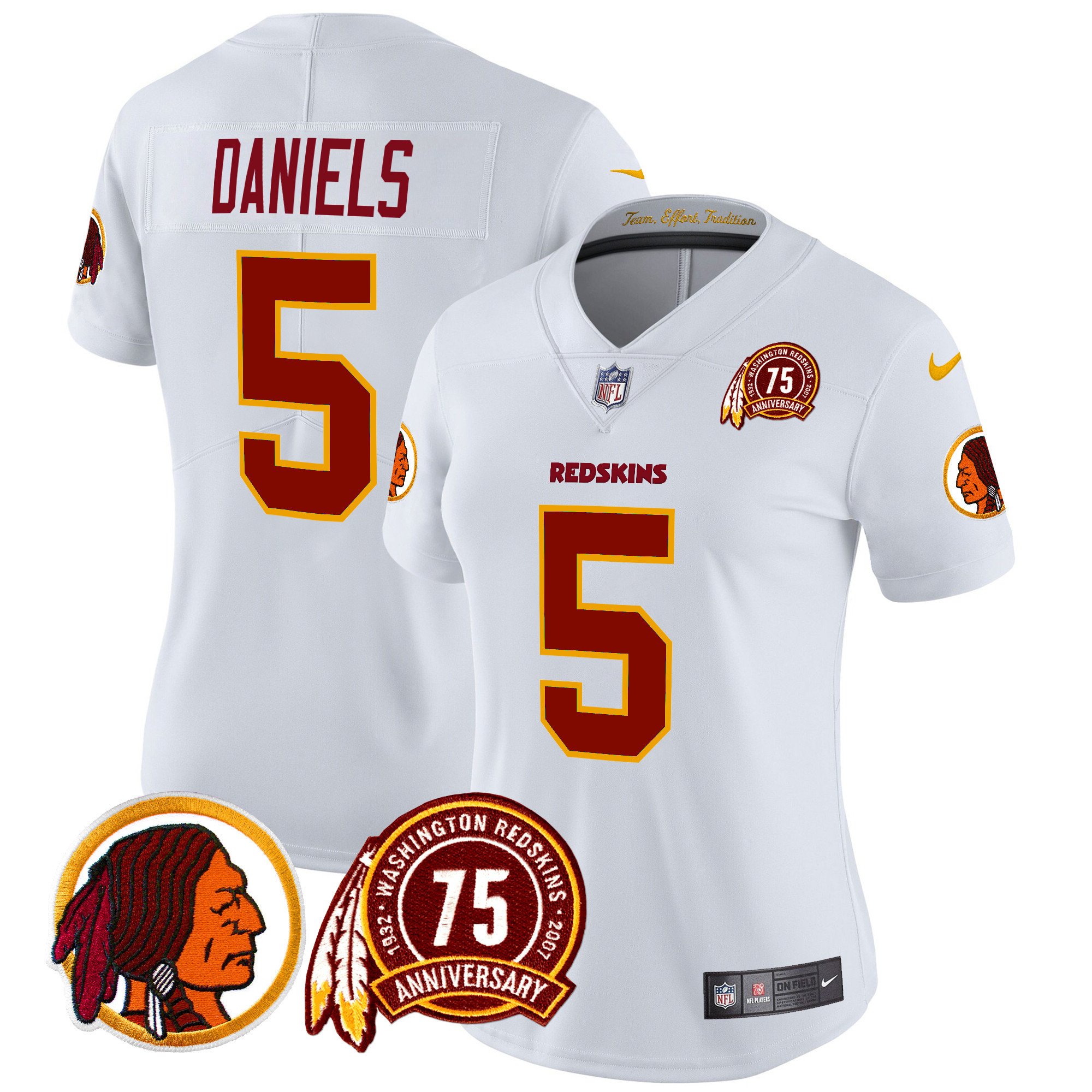 Women's Jayden Daniels Washington Redskins 75th Patch Throwback Vapor Limited White Jersey - All Stitched