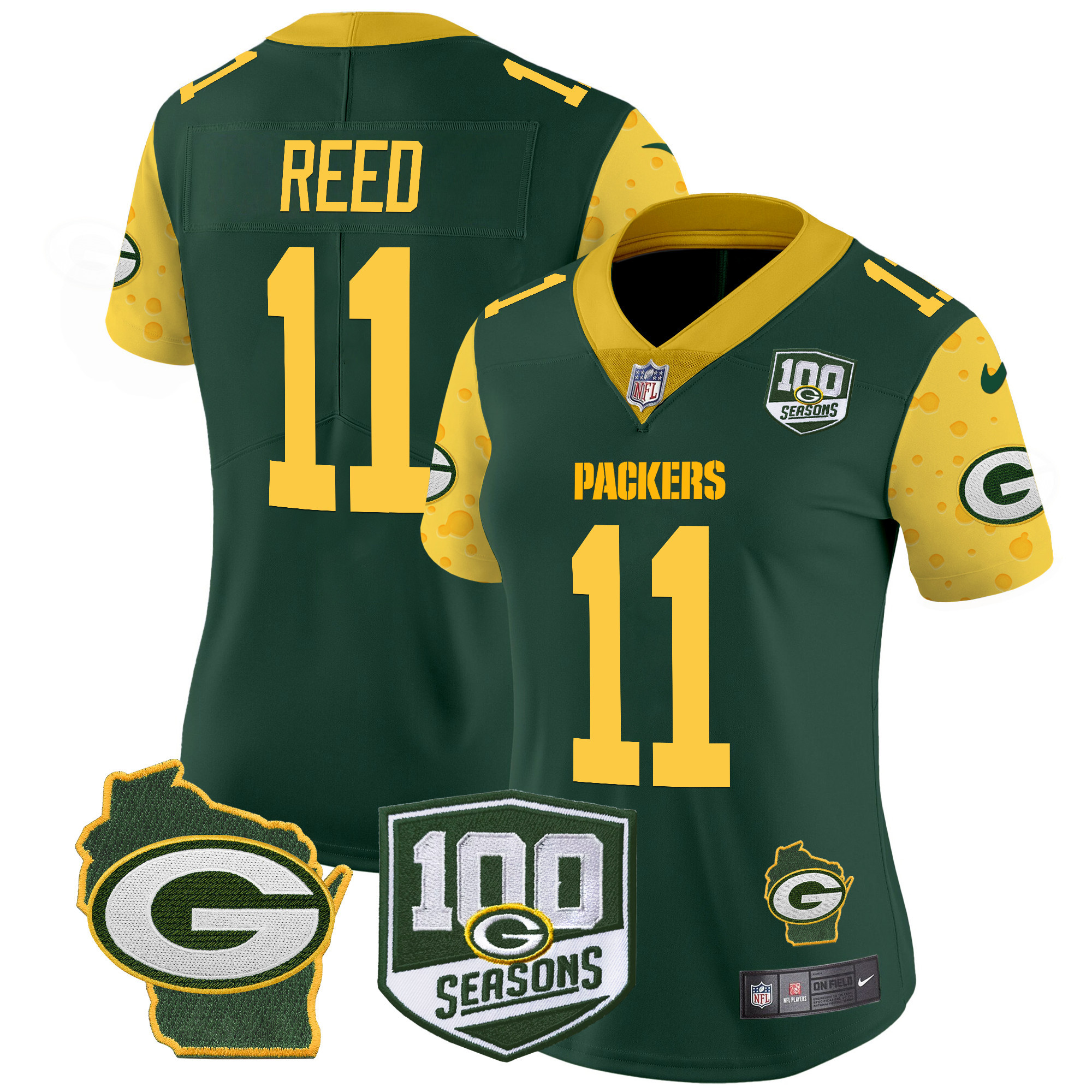 Women's Jayden Reed Green Bay Packers 100th Season & Home Patch Cheese Vapor Limited Green Jersey – All Stitched