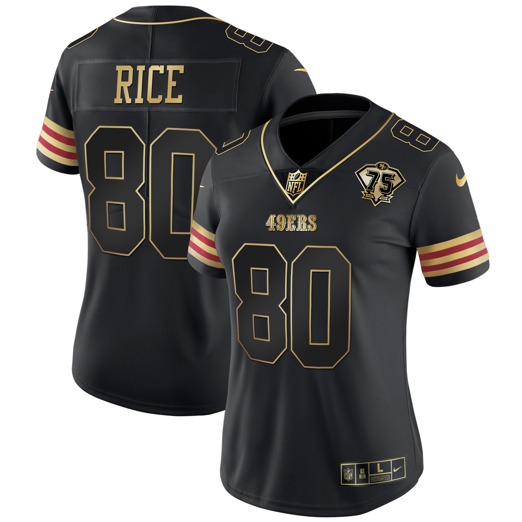 Women's Jerry Rice San Francisco 49ers 75th Anniversary Patch Vapor Gold Black Gold Jersey V2 - All Stitched