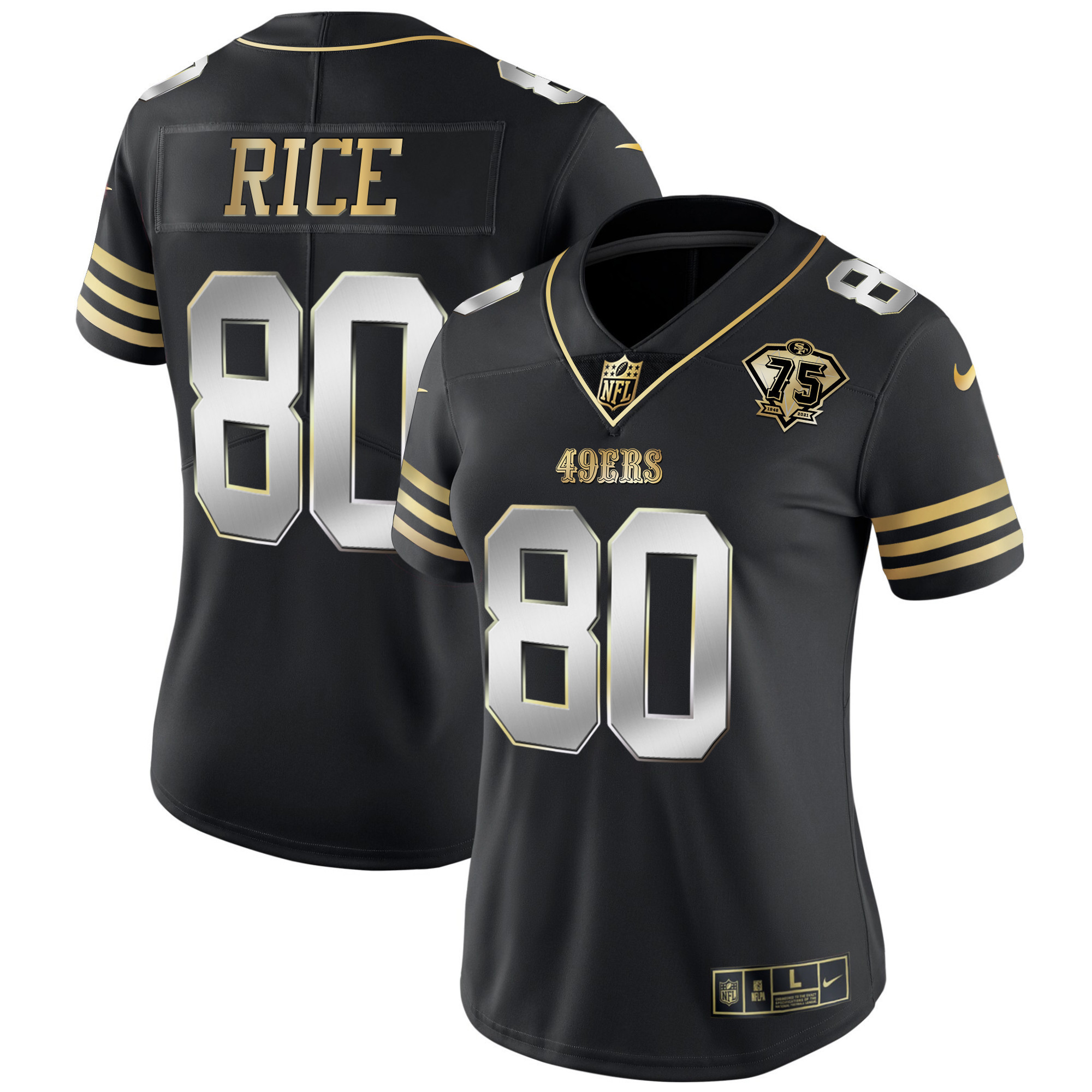 Women's Jerry Rice San Francisco 49ers 75th Anniversary Patch Vapor Gold Black Limited Jersey - All Stitched