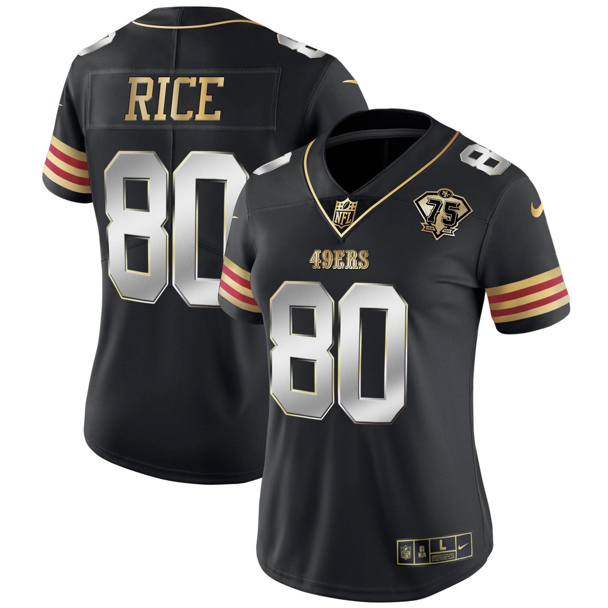 Women's Jerry Rice San Francisco 49ers 75th Anniversary Patch Vapor Gold Black Limited Jersey V2 - All Stitched