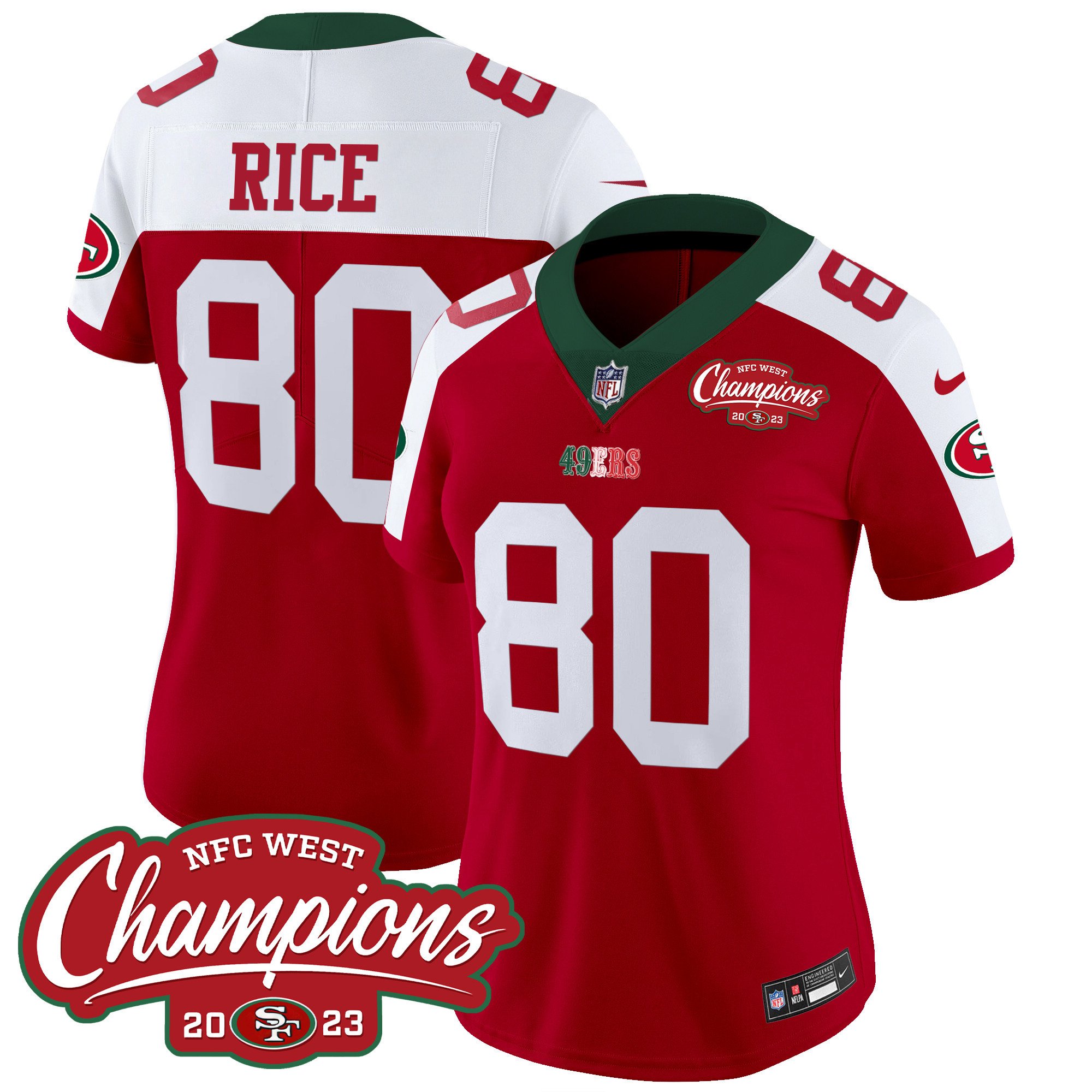 Women's Jerry Rice San Francisco 49ers Mexico 2023 NFC West Champions Patch Vapor Red Alternate Jersey - All Stitched