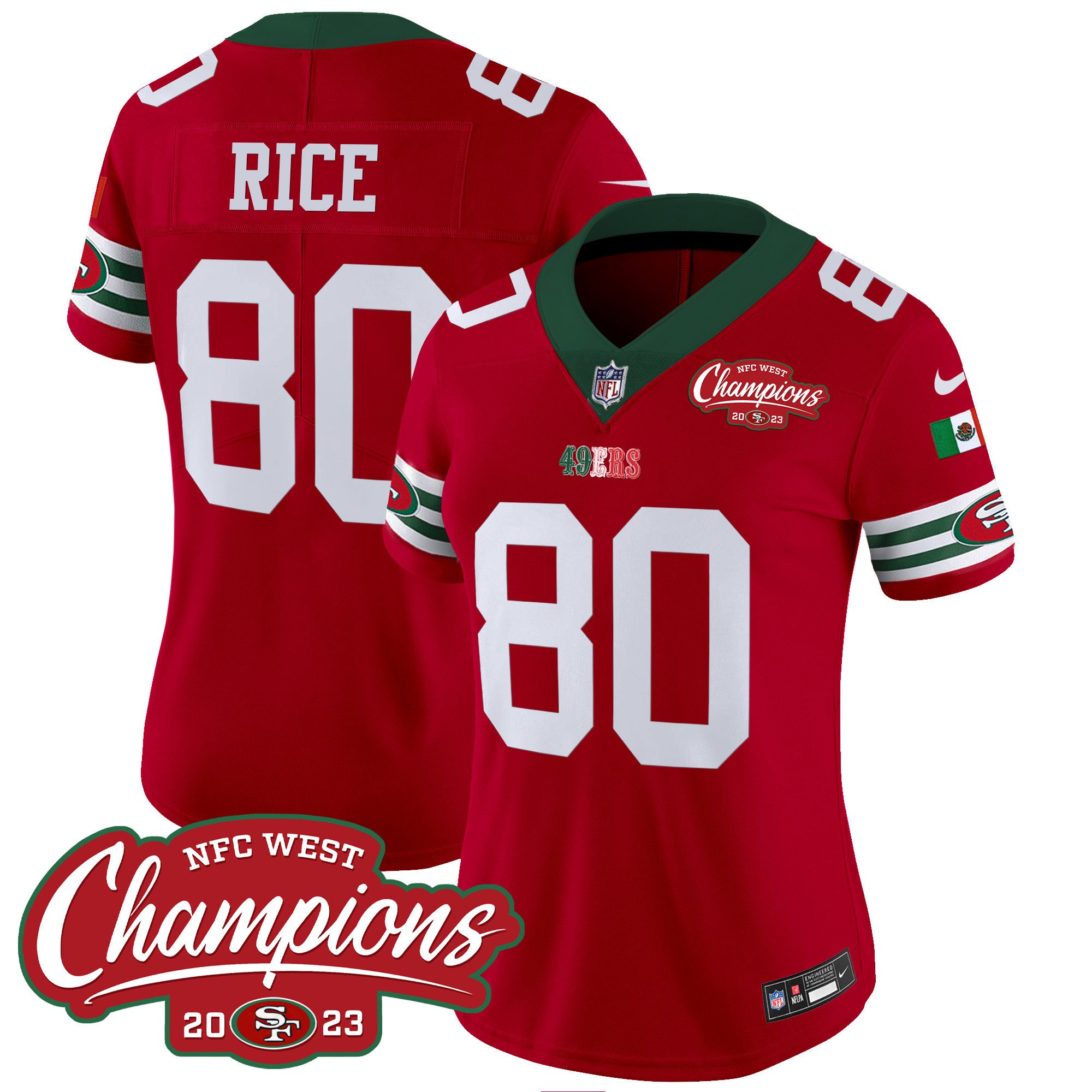 Women's Jerry Rice San Francisco 49ers Mexico 2023 NFC West Champions Patch Vapor Red Jersey - All Stitched