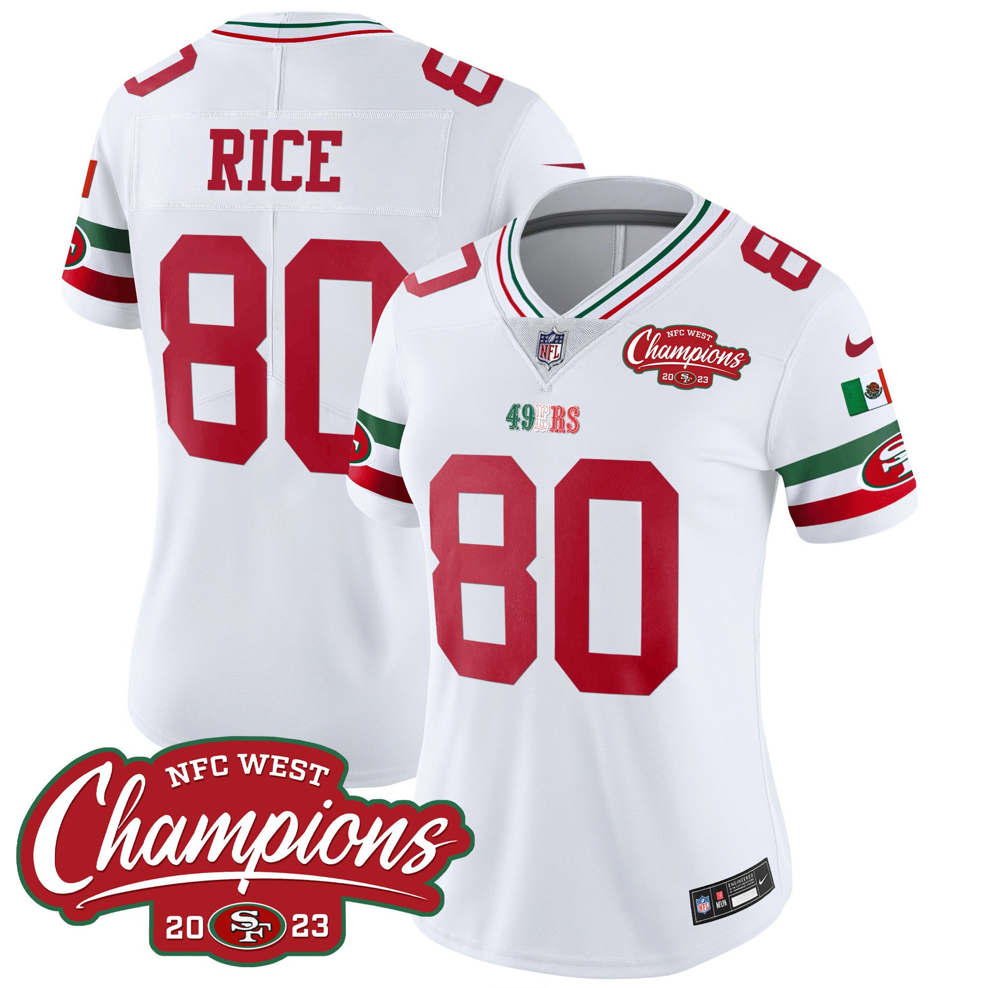Women's Jerry Rice San Francisco 49ers Mexico 2023 NFC West Champions Patch Vapor White Jersey - All Stitched